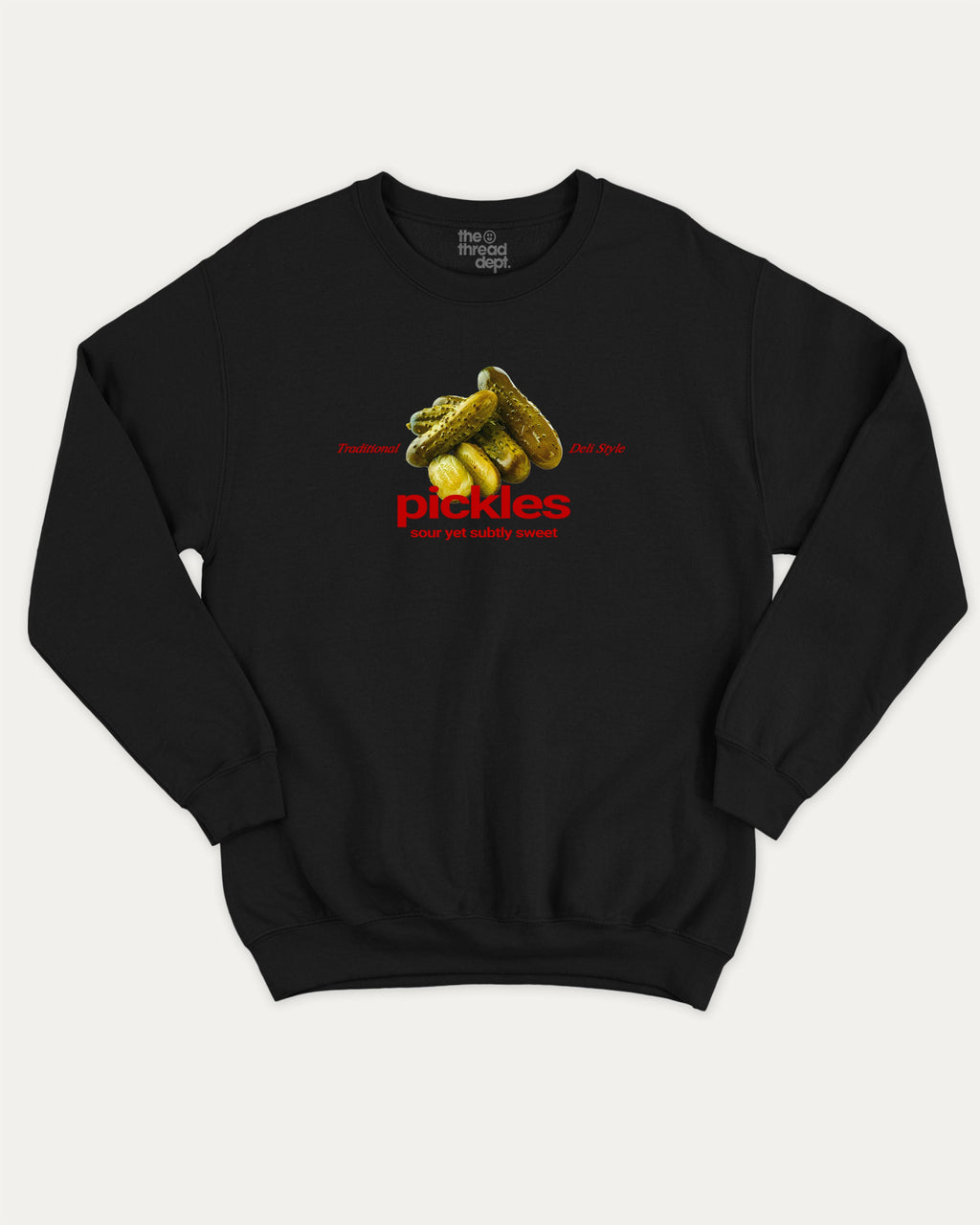 Traditional Pickles graphic sweatshirt with bold and humorous print, warm and cozy graphic for everyday wear. Perfect for adults and gift-giving. Black pullover.