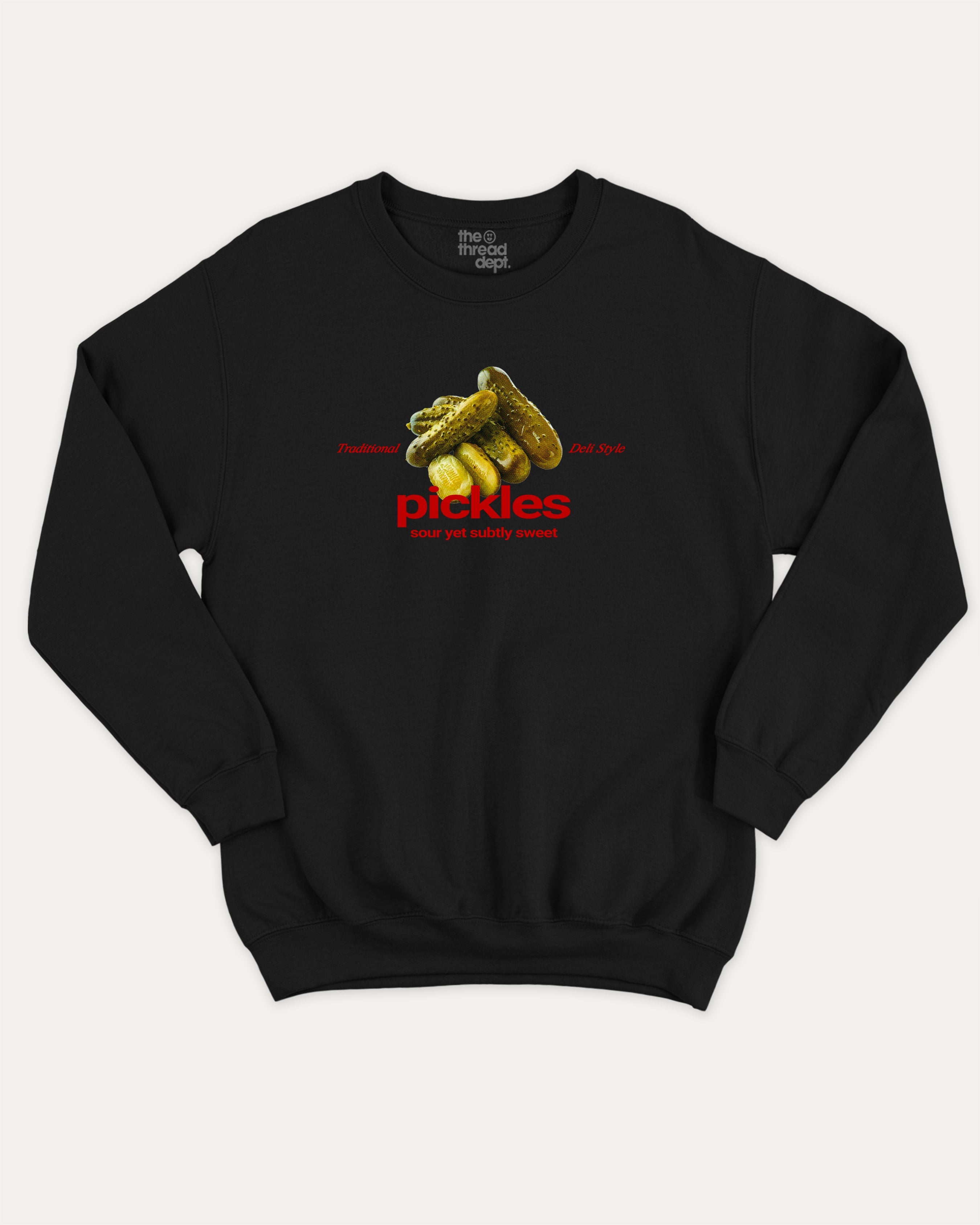 Traditional Pickles graphic sweatshirt with bold and humorous print, warm and cozy graphic for everyday wear. Perfect for adults and gift-giving. Black pullover.