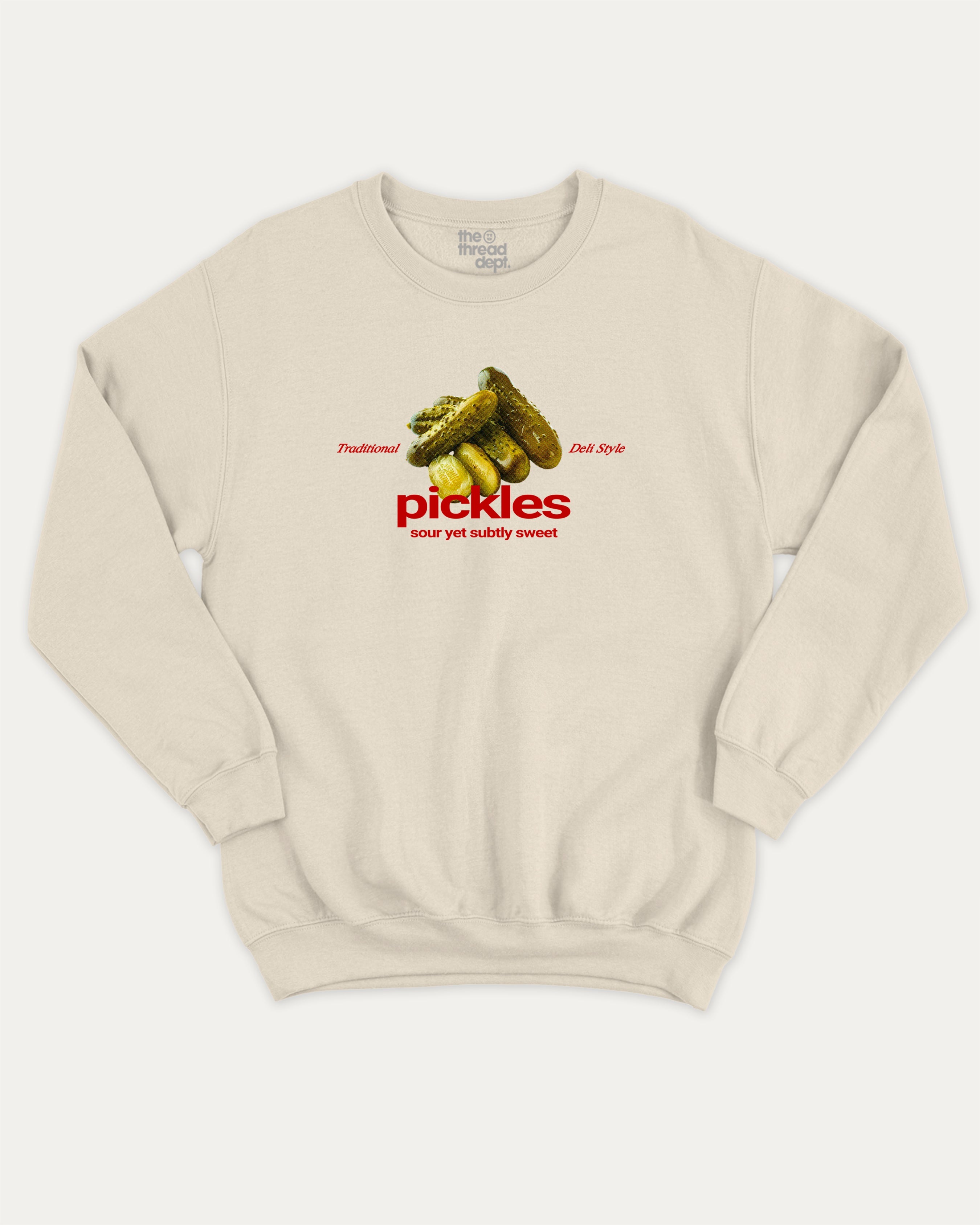 Traditional Pickles graphic sweatshirt with bold and humorous print, warm and cozy graphic for everyday wear. Perfect for adults and gift-giving. Natural pullover.