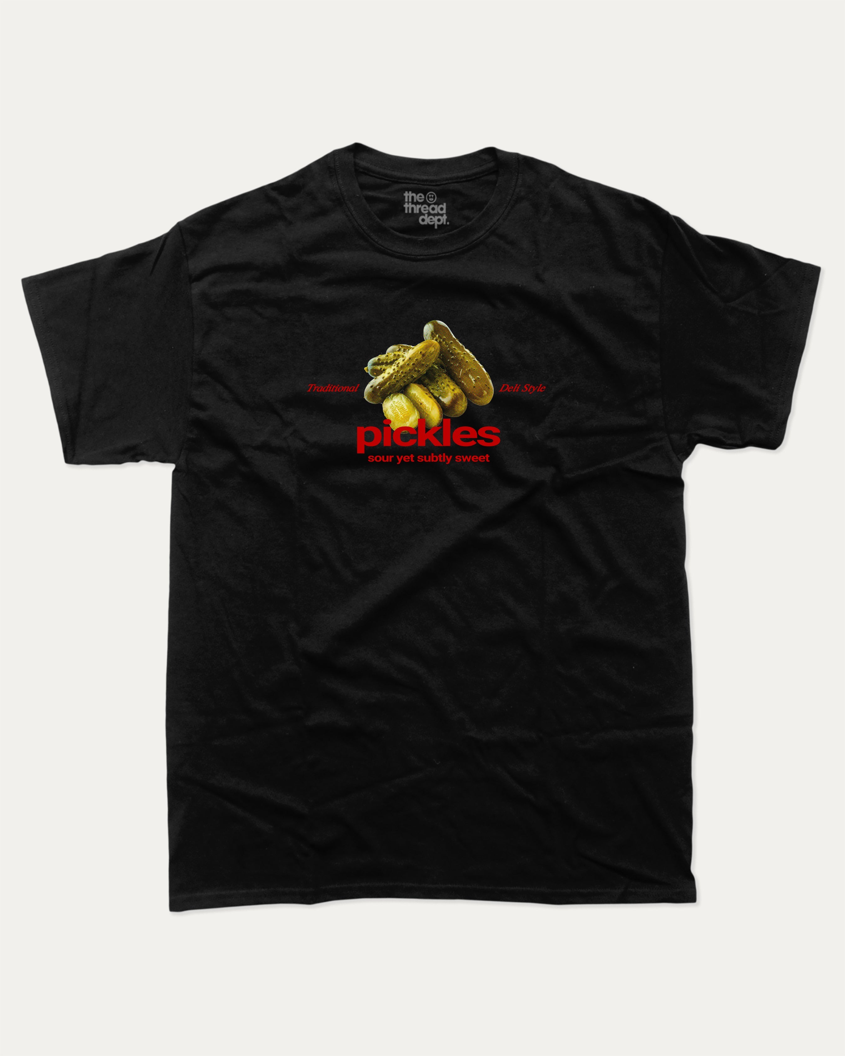 Traditional Pickles graphic tee with vintage pickles graphic, funny and trendy graphic. Perfect for adults and gift-giving. Black shirt.