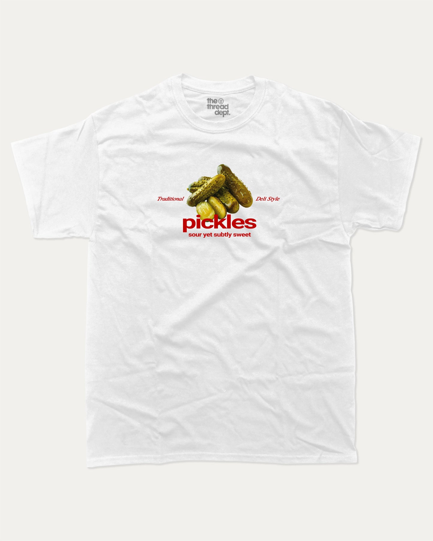 Traditional Pickles graphic tee with vintage pickles graphic, funny and trendy graphic. Perfect for adults and gift-giving. White shirt.