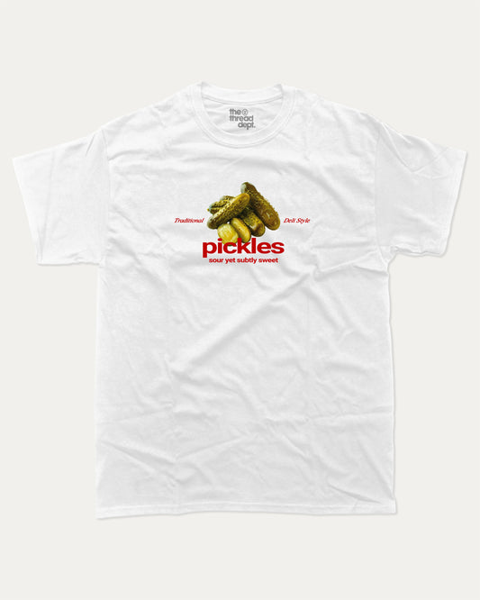 Traditional Pickles graphic tee with vintage pickles graphic, funny and trendy graphic. Perfect for adults and gift-giving. White shirt.