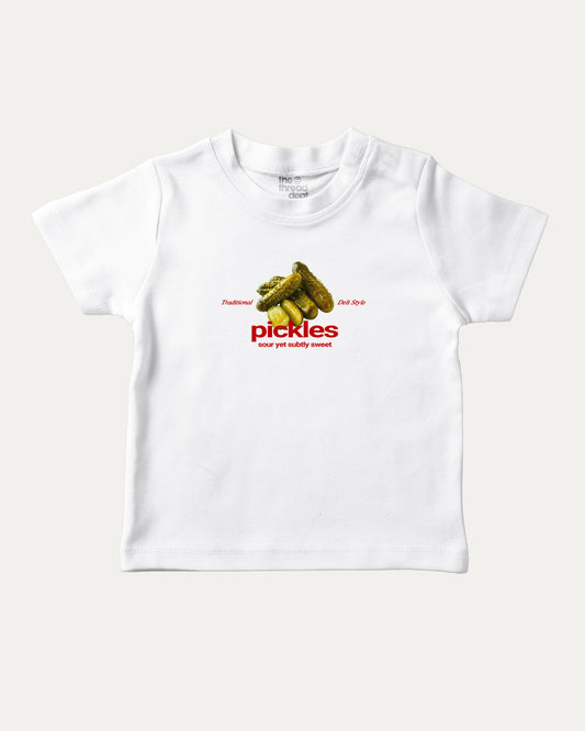 Traditional Pickles graphic tee with bold and humorous print, funny and trendy graphic. Perfect for adults and gift-giving. White shirt.