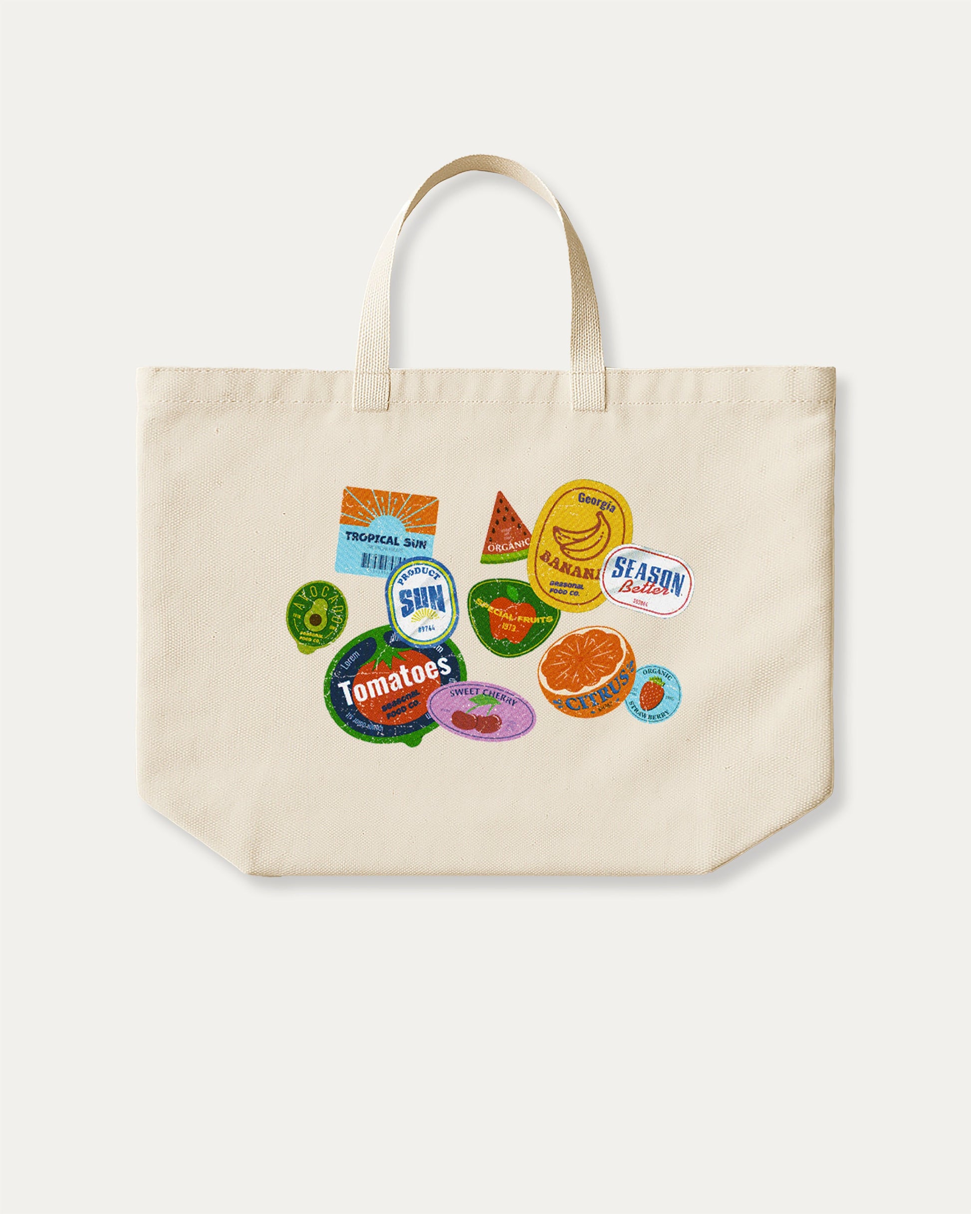 Vintage Fruit Stickers cotton canvas tote bag with humorous graphic, perfect for everyday carry. Raspberry aesthetic accessory, great for shopping, school, or casual days. Special gifts for friends. Natural canvas bag