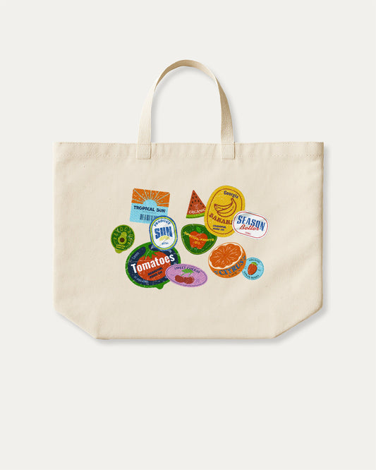 Vintage Fruit Stickers cotton canvas tote bag with humorous graphic, perfect for everyday carry. Raspberry aesthetic accessory, great for shopping, school, or casual days. Special gifts for friends. Natural canvas bag