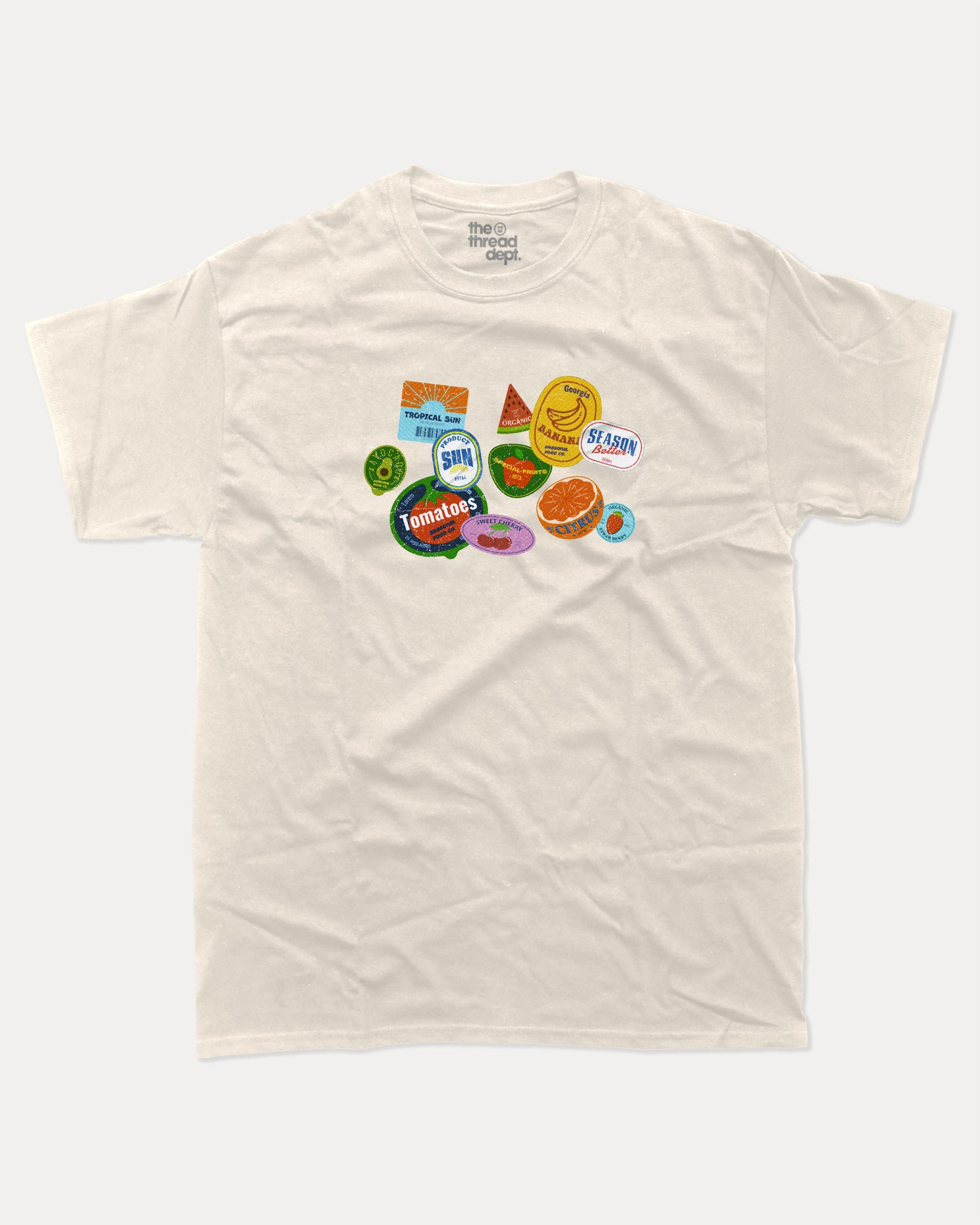 Vintage Fruit Stickers graphic t-shirt, perfect for adults. Raspberry funny tee, trending fruit shirt, unique gift idea. Cream.