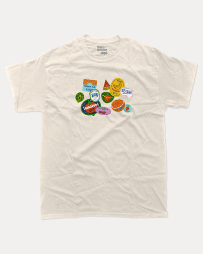 Vintage Fruit Stickers graphic t-shirt, perfect for adults. Raspberry funny tee, trending fruit shirt, unique gift idea. Cream.