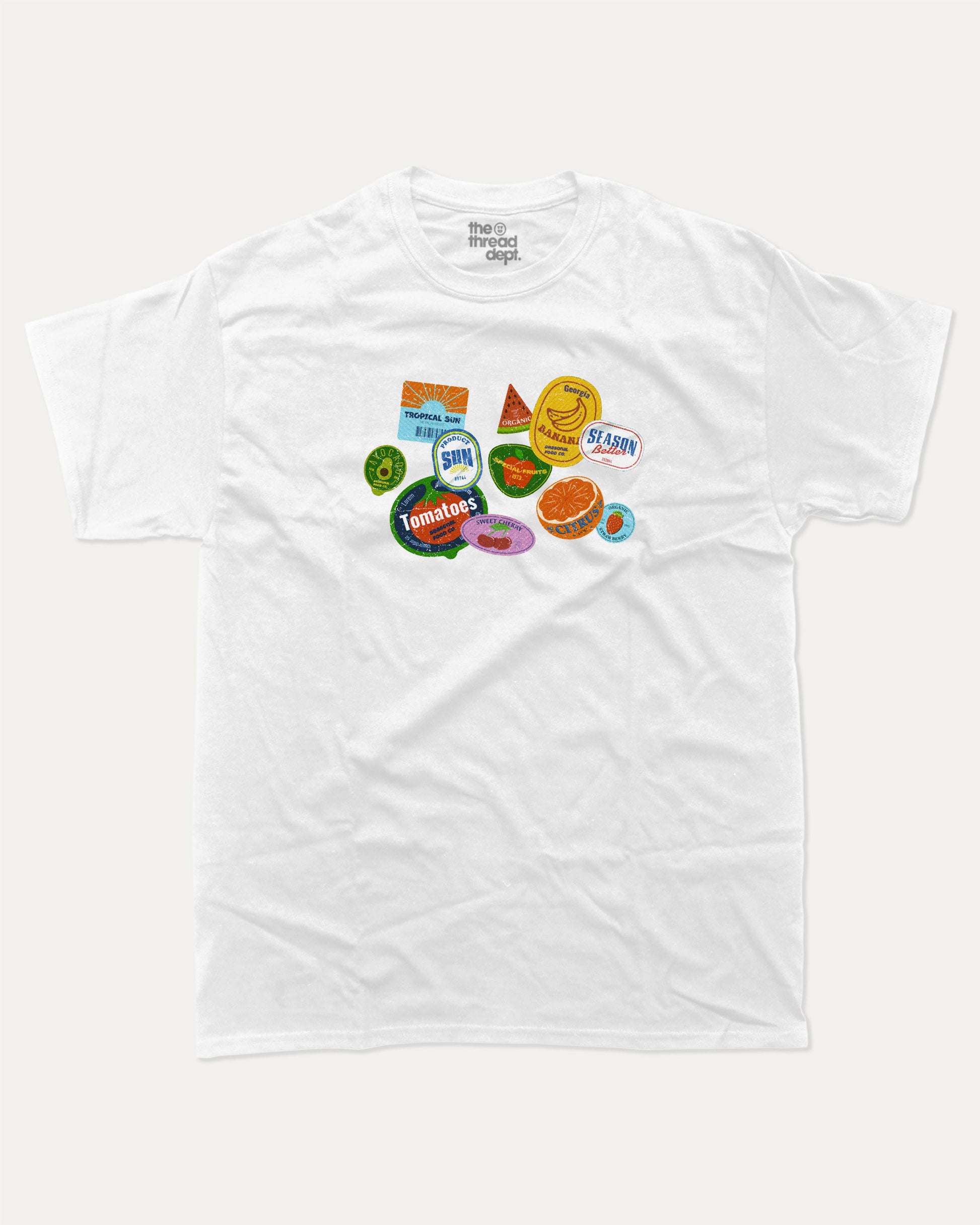 Vintage Fruit Stickers graphic t-shirt, perfect for adults. Raspberry funny tee, trending fruit shirt, unique gift idea. White.