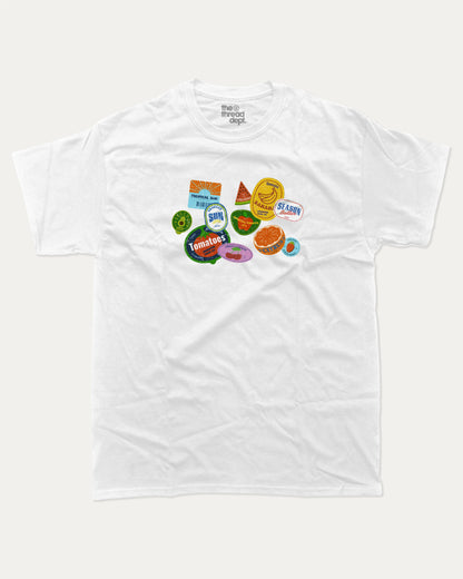 Vintage Fruit Stickers graphic t-shirt, perfect for adults. Raspberry funny tee, trending fruit shirt, unique gift idea. White.