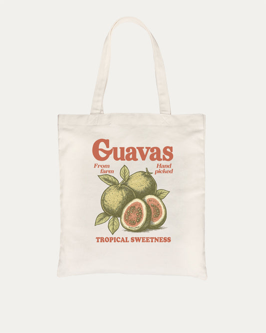 Vintage Guavas cotton canvas tote bag with humorous graphic, perfect for everyday carry. Raspberry aesthetic accessory, great for shopping, school, or casual days. Special gifts for friends. Natural bag