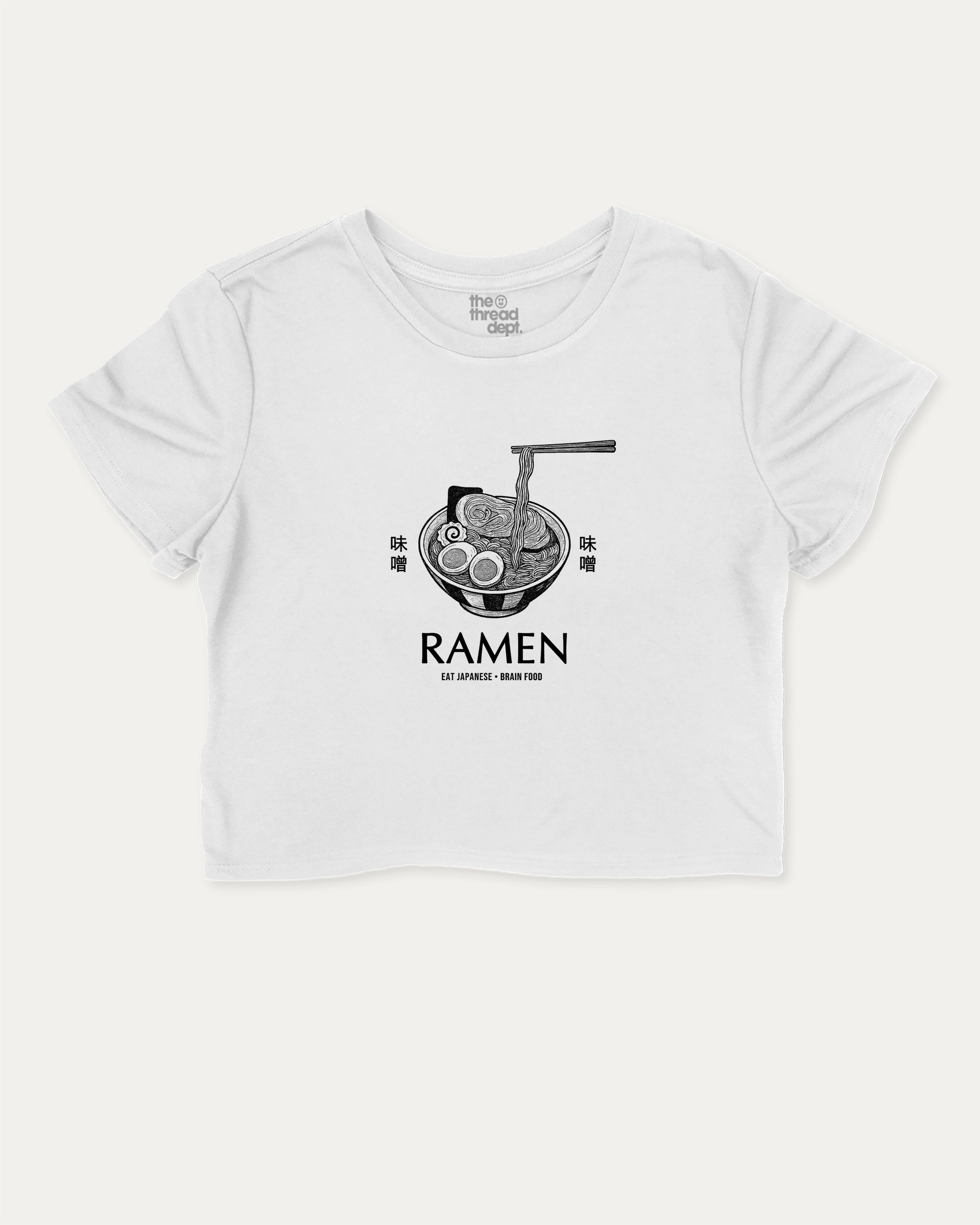 Vintage Japanese Ramen graphic crop tee with funny and trendy slogan print, perfect for women’s casual looks or layering. White crop t-shirt.