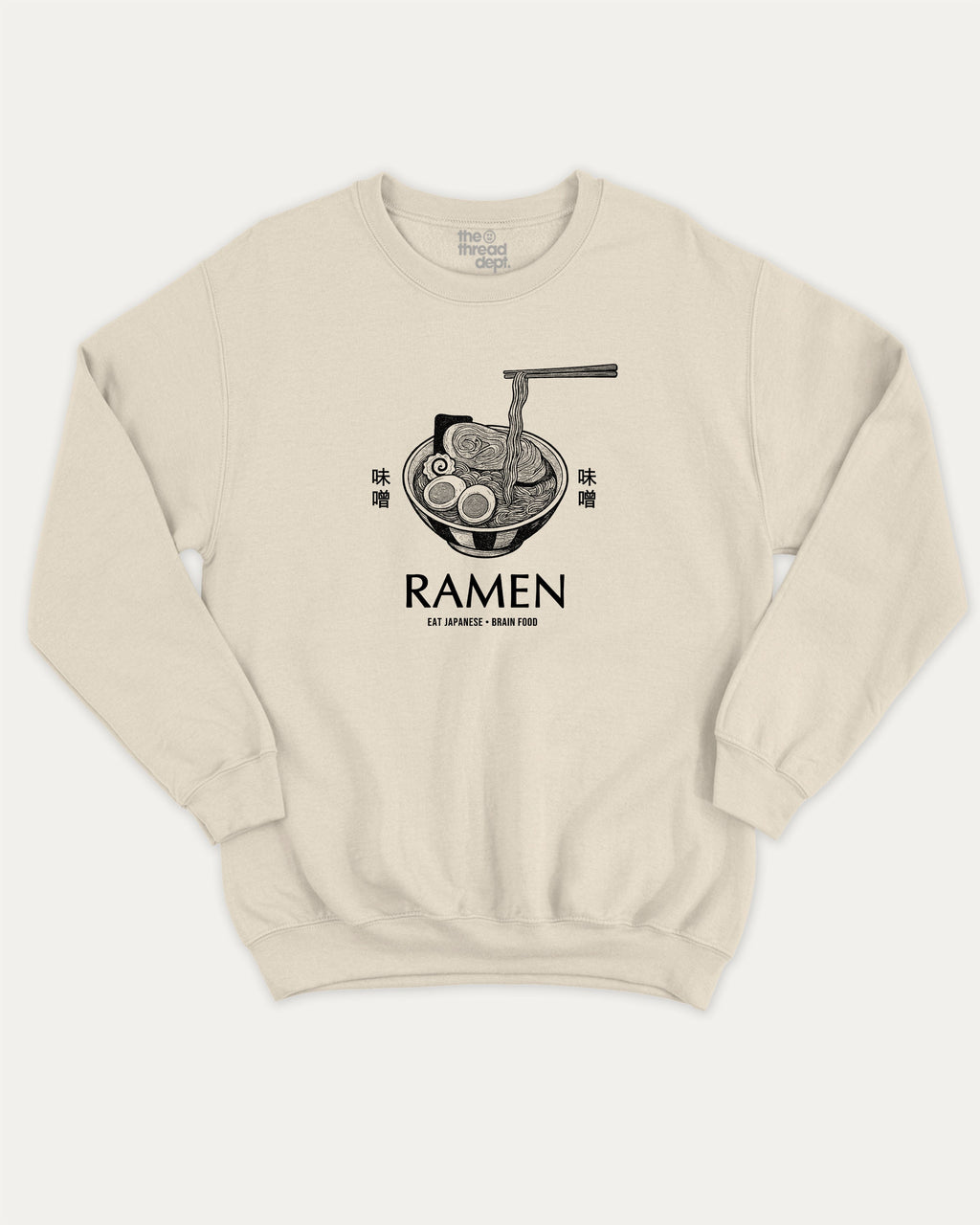 Vintage Japanese Ramen graphic pullover with miso ramen print, funny and vintage graphic for everyday wear. Perfect funny gifts for friends. Natural pullover.