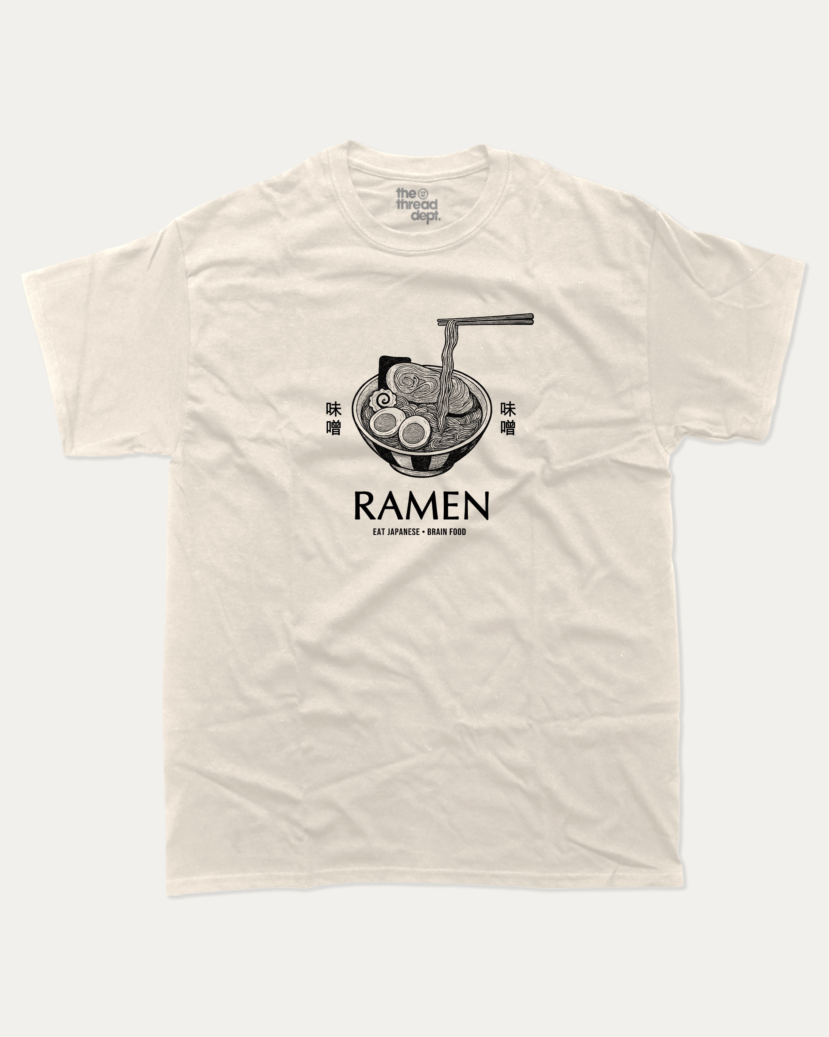 Vintage Japanese Ramen graphic t-shirt with vintage miso ramen print, funny and trendy graphic. Perfect funny gifts for ramen lover. Cream shirt.