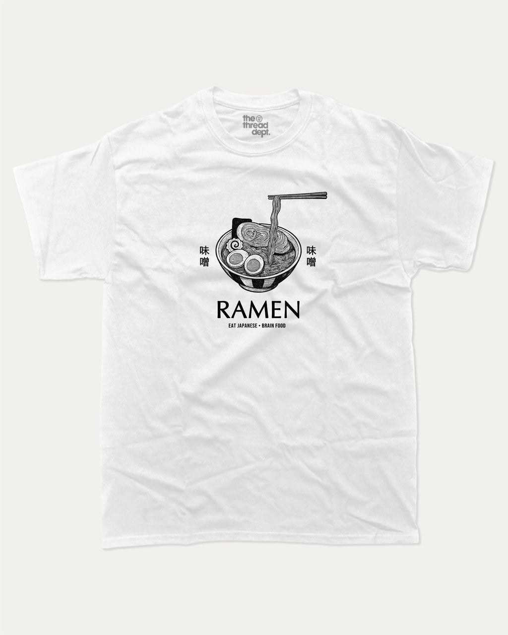 Vintage Japanese Ramen graphic t-shirt with vintage miso ramen print, funny and trendy graphic. Perfect funny gifts for ramen lover. White shirt.
