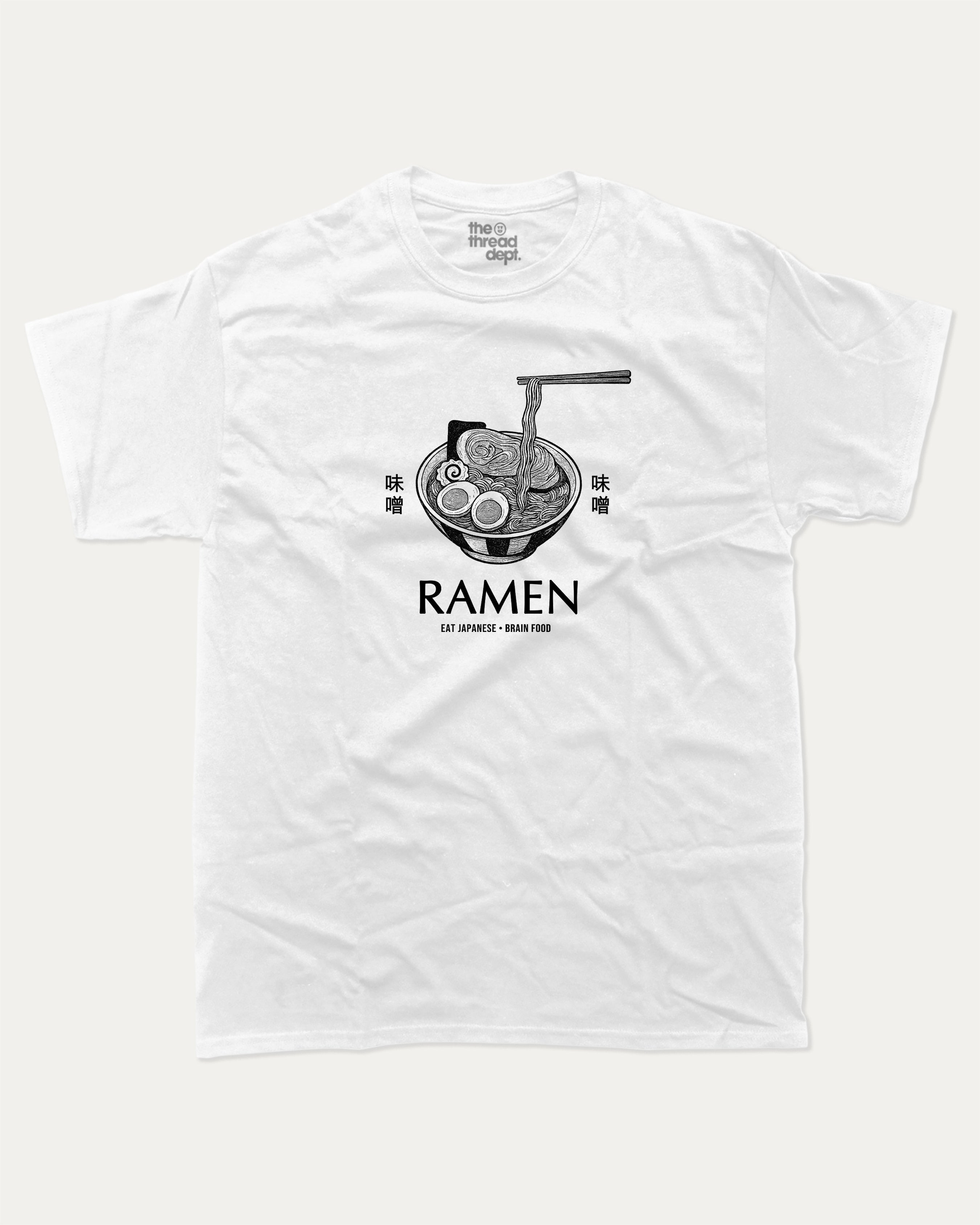 Vintage Japanese Ramen graphic t-shirt with vintage miso ramen print, funny and trendy graphic. Perfect funny gifts for ramen lover. White shirt.