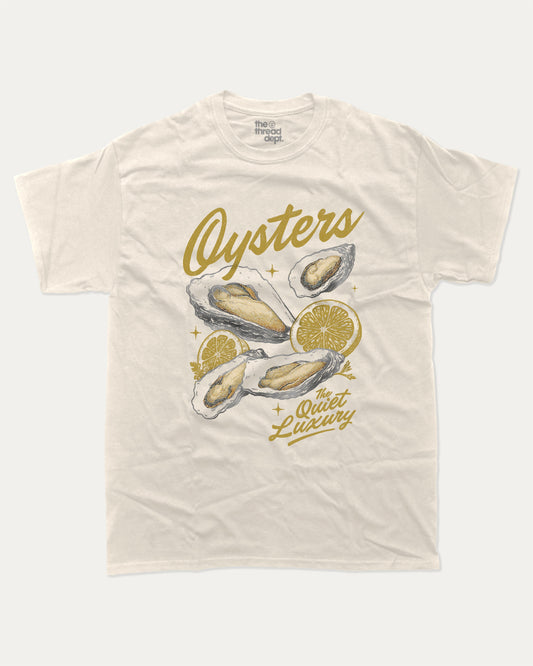 Vintage Oysters The Quiet Luxury graphic t-shirt, perfect for gifts. Funny oysters tee, trending vintage graphic shirt, unique gift idea. Cream.