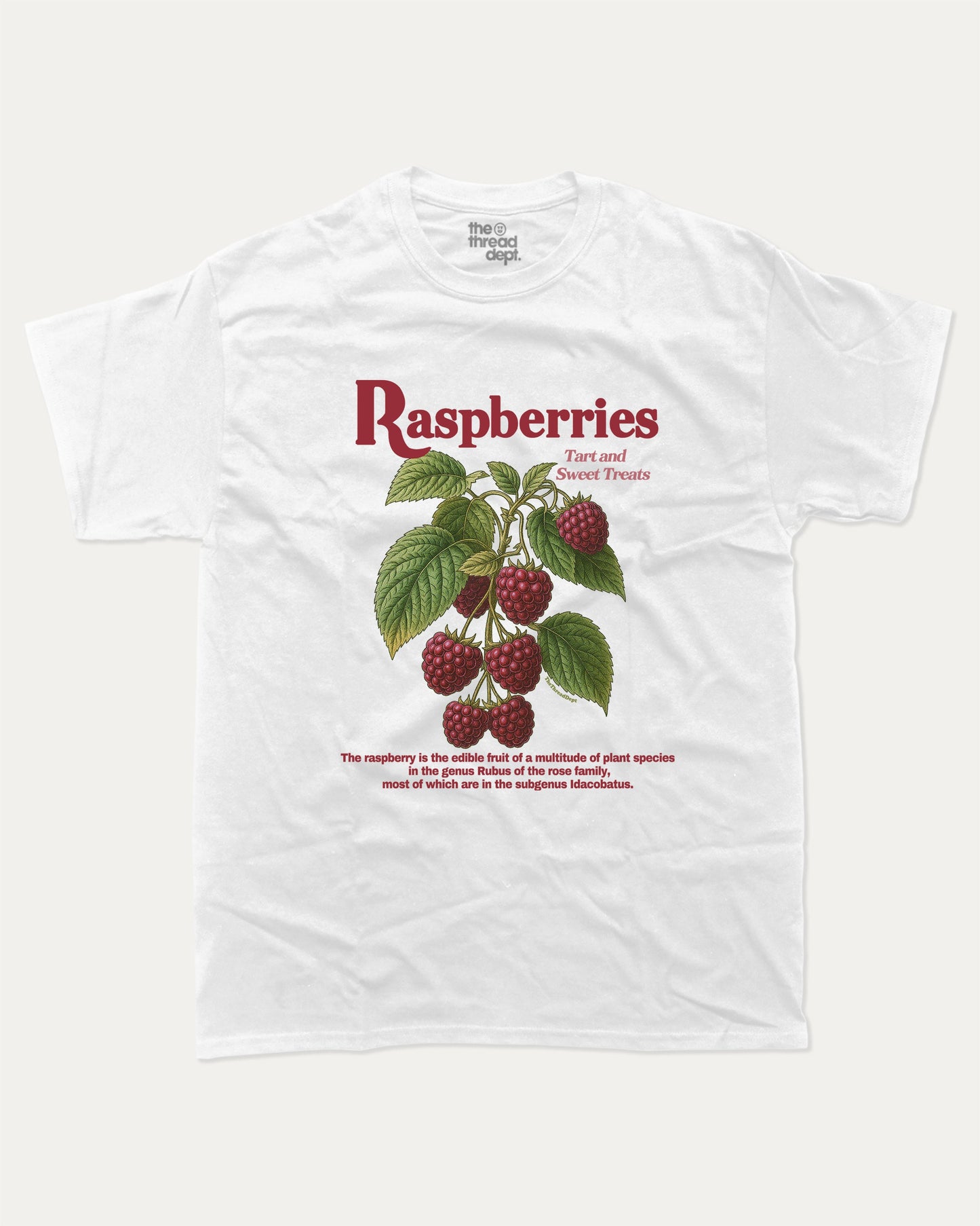 Vintage Raspberries graphic t-shirt, perfect for adults. Raspberry funny tee, trending raspberry shirt, unique gift idea. White.