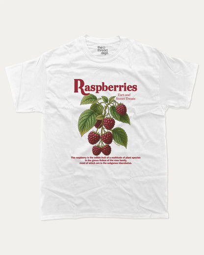Vintage Raspberries graphic t-shirt, perfect for adults. Raspberry funny tee, trending raspberry shirt, unique gift idea. White.