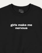 Black t-shirt with 'girls make me nervous' text and 'the thread dept.' branding.