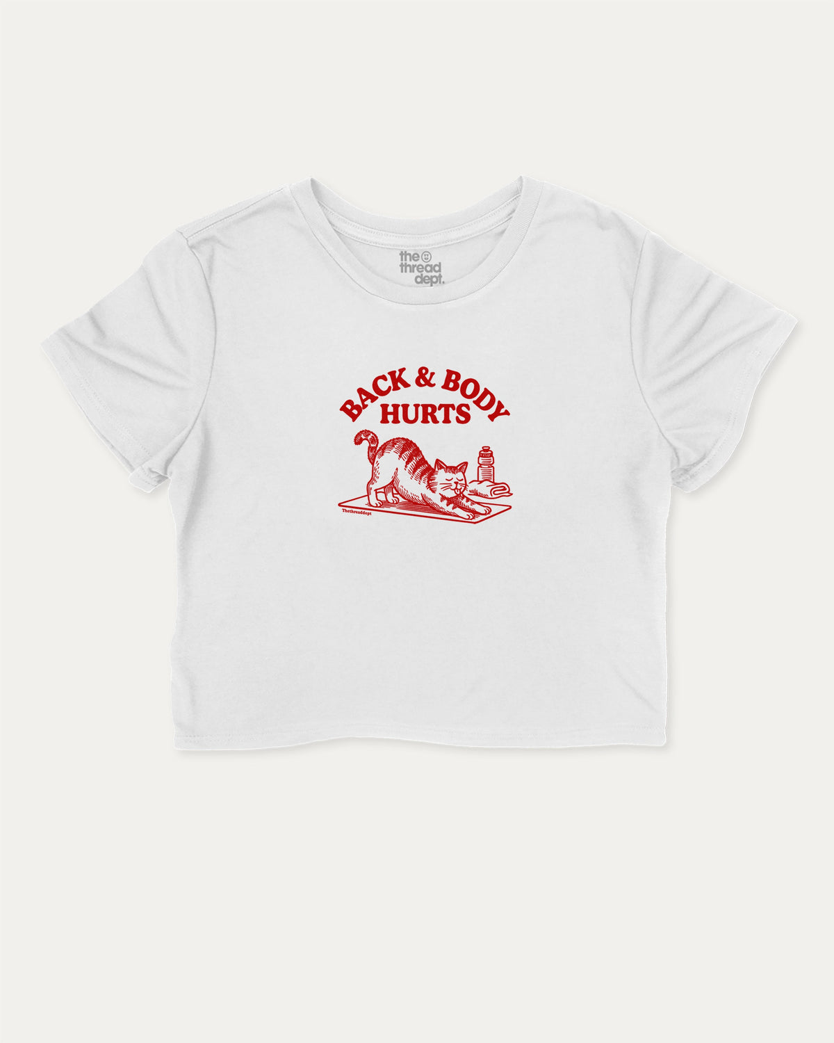Back And Body Hurts cute and trendy crop tee with cat yoga graphic, perfect for women. A must-have cropped yoga shirt, ideal for daily outfits and casual days. White crop tee