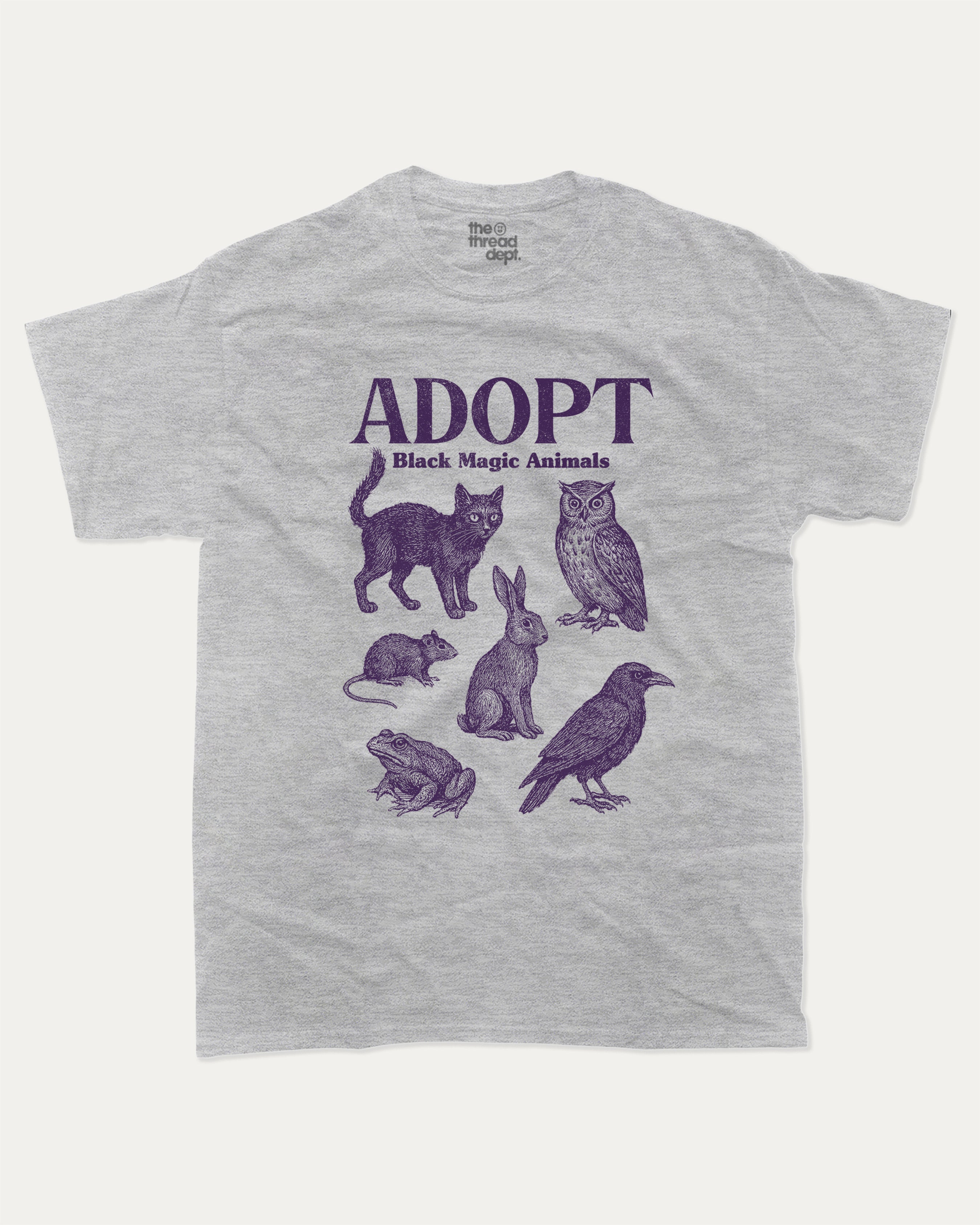 Adopt Black Magic Animals graphic tee with bold and humorous print, Perfect Gift for Halloween Day, Halloween Day Graphic T shirt,  funny and trendy graphic. Perfect for adults and gift-giving. Heather Grey shirt.