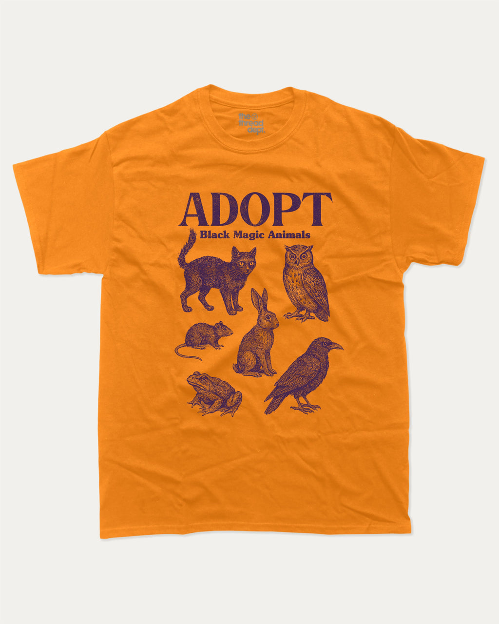 Adopt Black Magic Animals graphic tee with bold and humorous print, Perfect Gift for Halloween Day, Halloween Day Graphic T shirt,  funny and trendy graphic. Perfect for adults and gift-giving. Orange shirt.