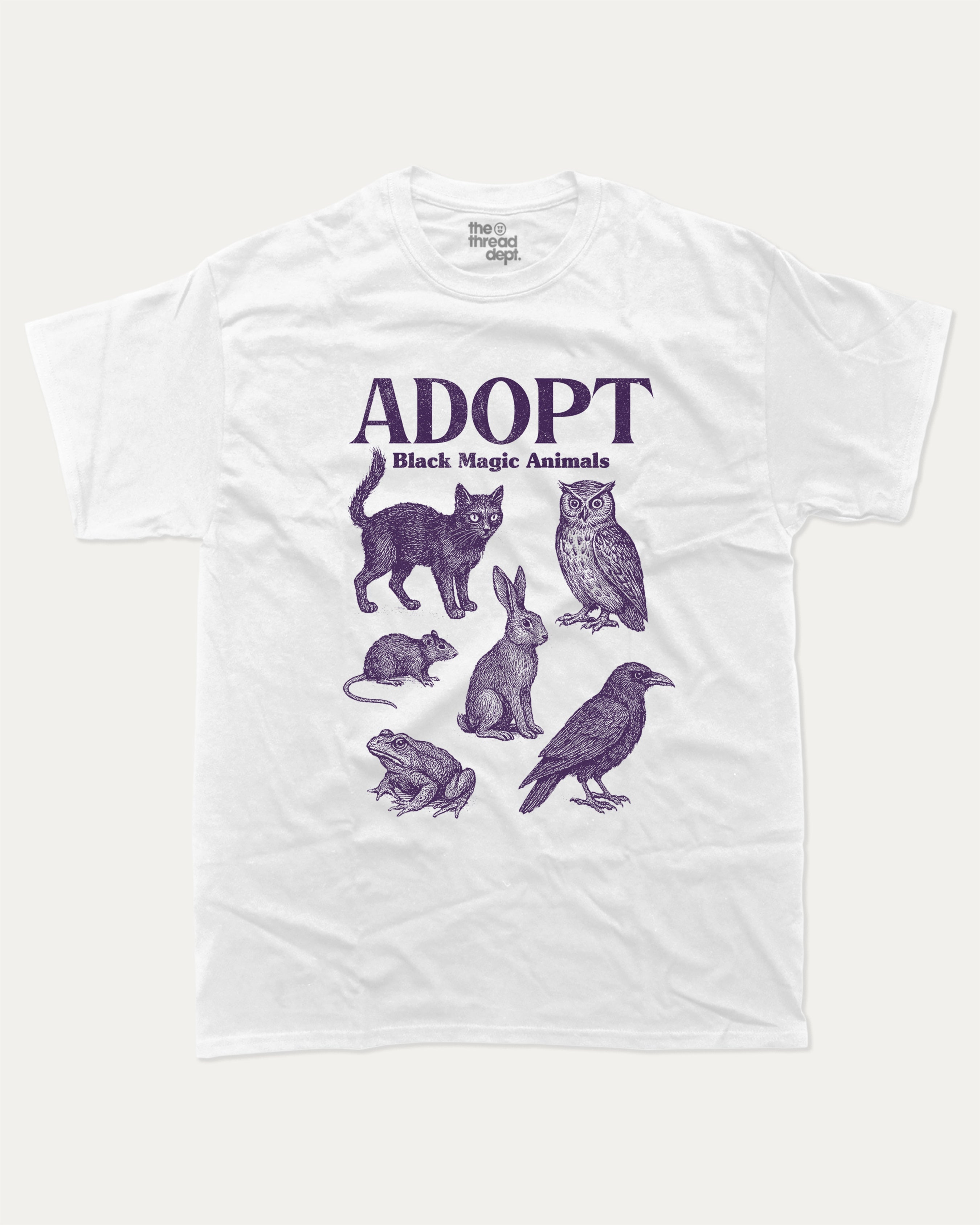 Adopt Black Magic Animals graphic tee with bold and humorous print, Perfect Gift for Halloween Day, Halloween Day Graphic T shirt,  funny and trendy graphic. Perfect for adults and gift-giving. White shirt.