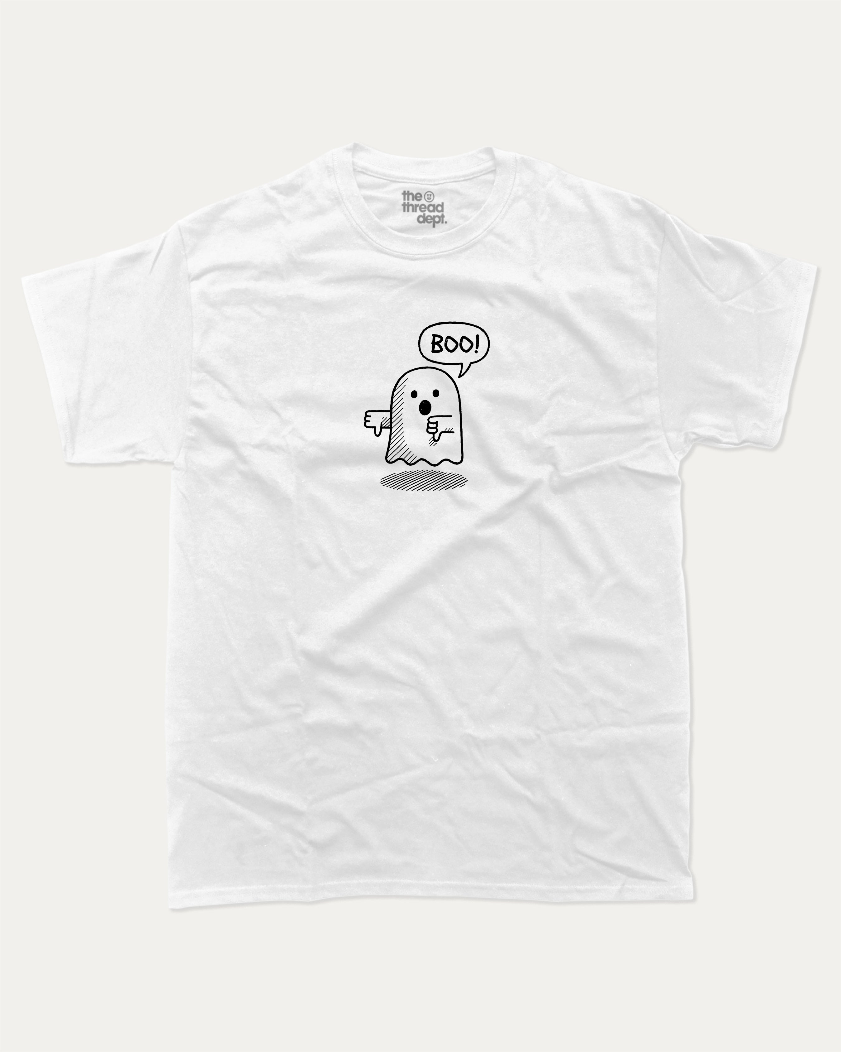 Boo Ghost graphic t-shirt, Funny teenager gifts. A must-have funny halloween tee, unique halloween shirt, unique gift idea. White.