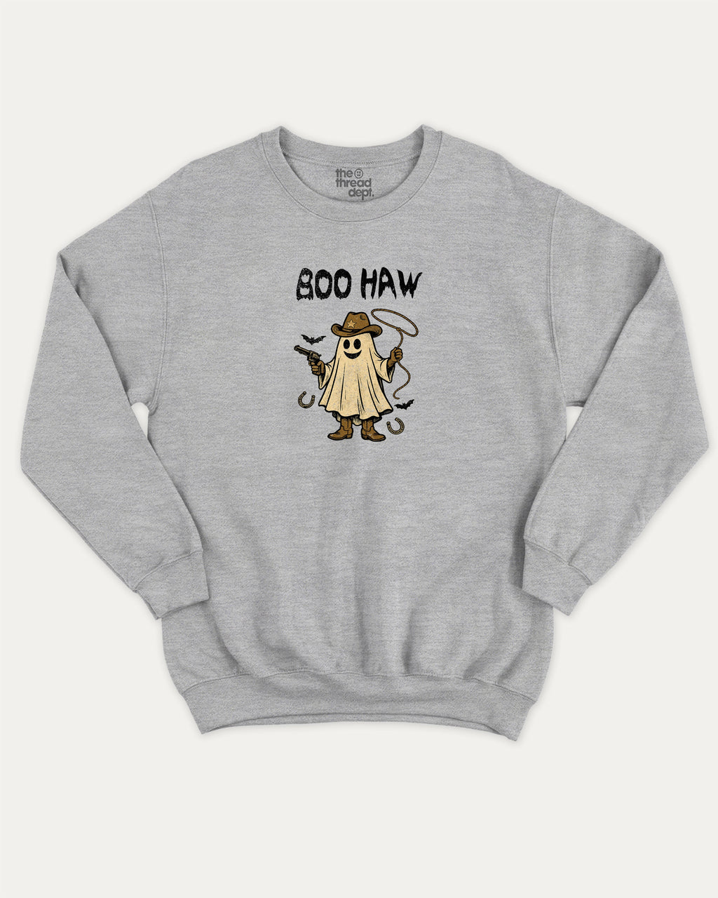 Boo Haw graphic sweatshirt with bold and humorous print, Halloween Graphic T shirt, Spooky T shirt, Perfect Gift for Halloween Day, warm and cozy graphic for everyday wear. Perfect for adults and gift-giving. Heather Grey pullover.