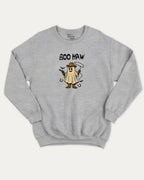 Boo Haw graphic sweatshirt with bold and humorous print, Halloween Graphic T shirt, Spooky T shirt, Perfect Gift for Halloween Day, warm and cozy graphic for everyday wear. Perfect for adults and gift-giving. Heather Grey pullover.