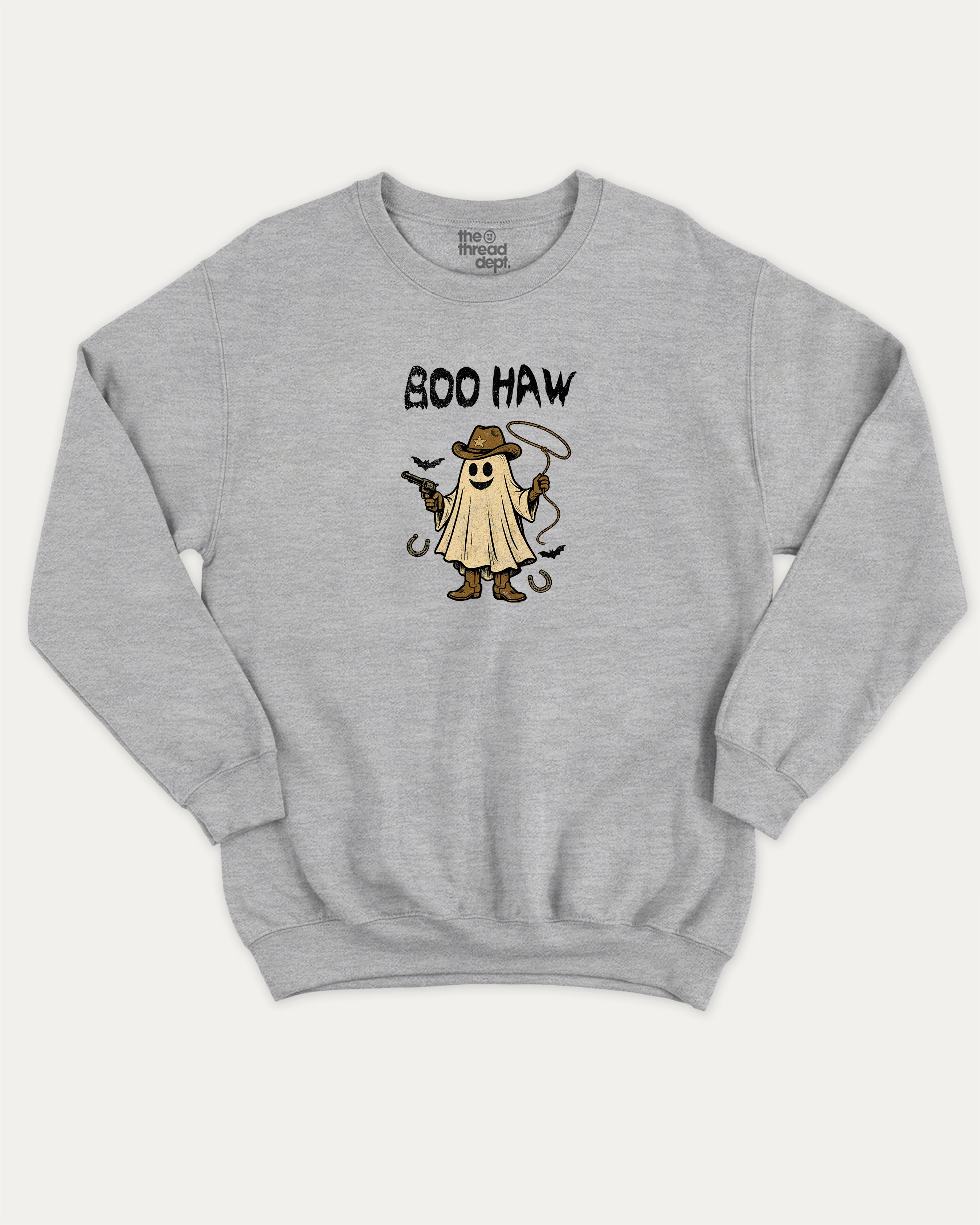 Boo Haw graphic sweatshirt with bold and humorous print, Halloween Graphic T shirt, Spooky T shirt, Perfect Gift for Halloween Day, warm and cozy graphic for everyday wear. Perfect for adults and gift-giving. Heather Grey pullover.