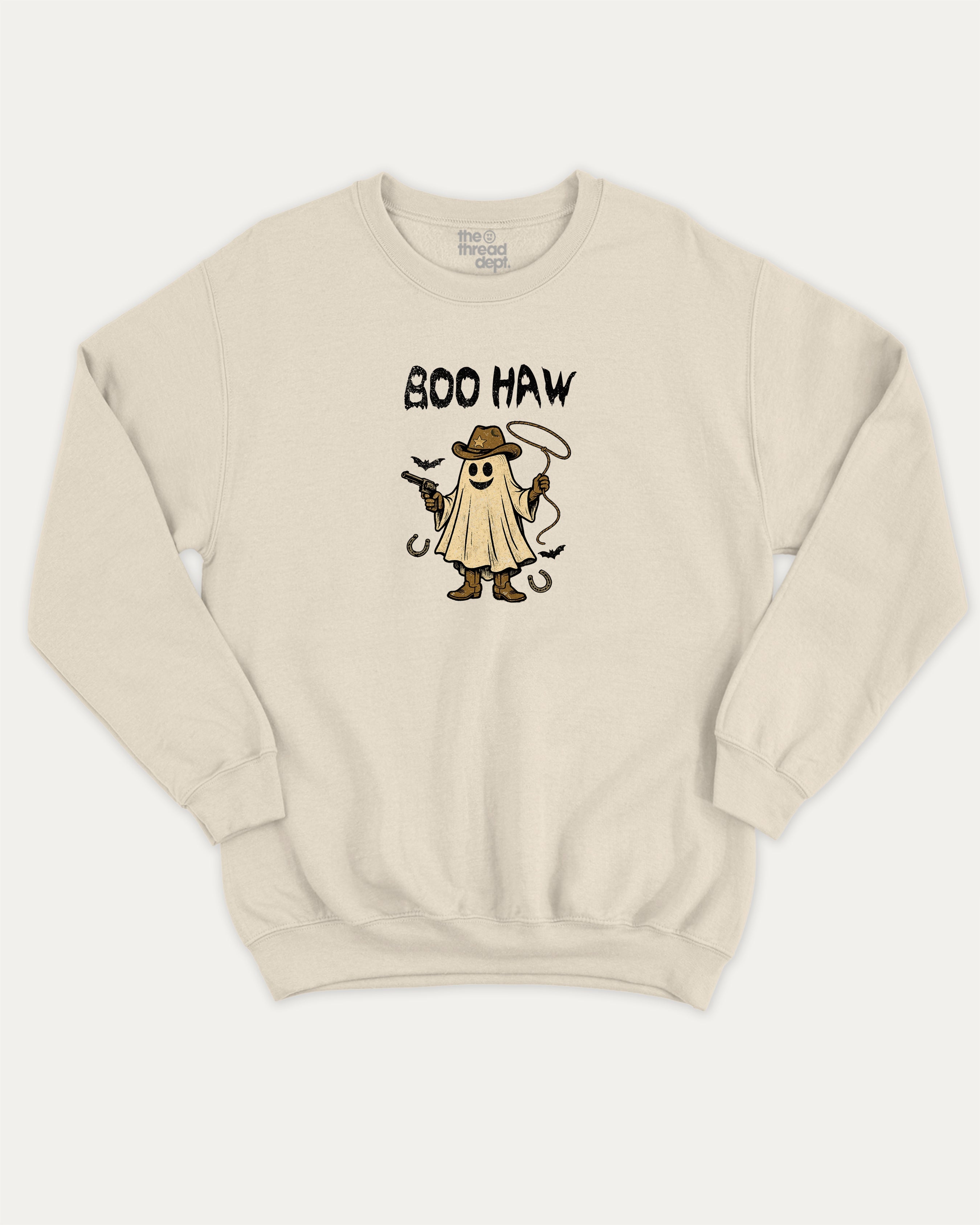 Boo Haw graphic sweatshirt with bold and humorous print, Halloween Graphic T shirt, Spooky T shirt, Perfect Gift for Halloween Day, warm and cozy graphic for everyday wear. Perfect for adults and gift-giving. Natural pullover.