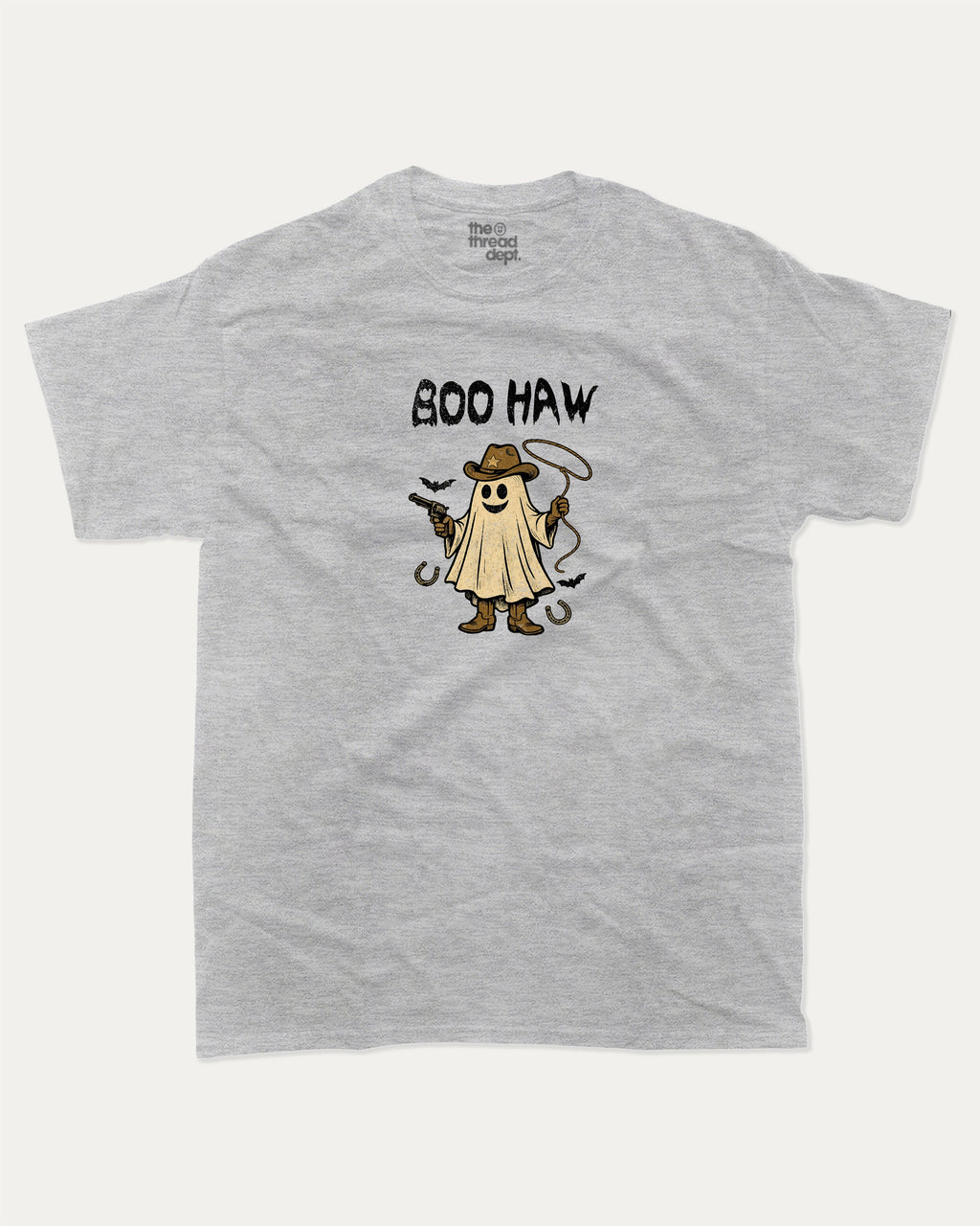 Boo Haw graphic tee with bold and humorous print, Halloween Graphic T shirt, Spooky T shirt, Perfect Gift for Halloween Day, funny and trendy graphic. Perfect for adults and gift-giving. Heather Grey shirt.