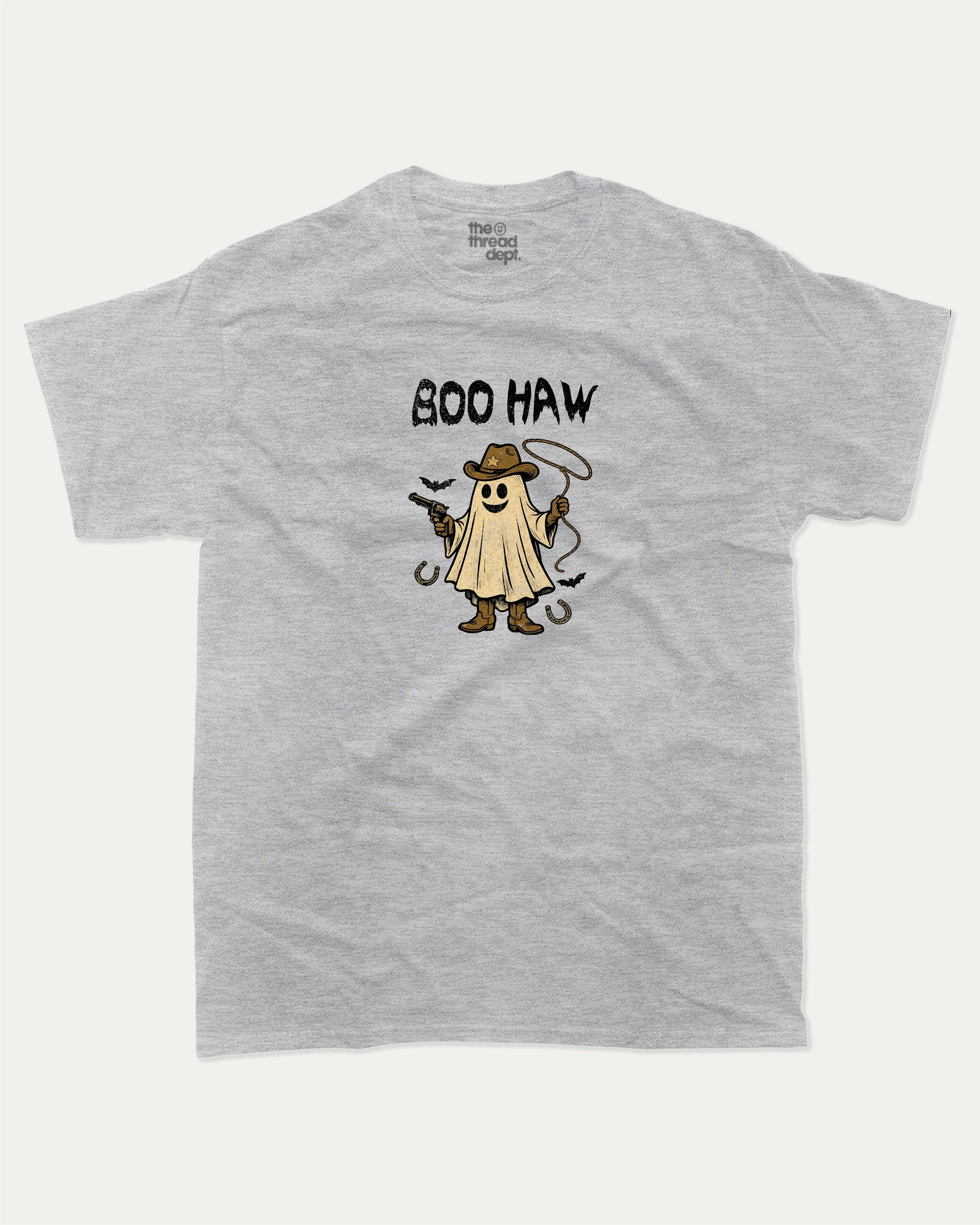 Boo Haw graphic tee with bold and humorous print, Halloween Graphic T shirt, Spooky T shirt, Perfect Gift for Halloween Day, funny and trendy graphic. Perfect for adults and gift-giving. Heather Grey shirt.