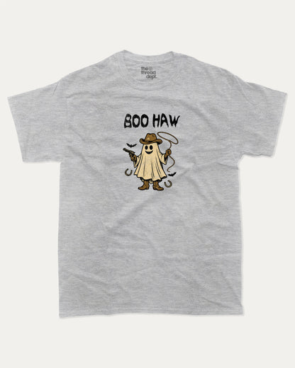 Boo Haw graphic tee with bold and humorous print, Halloween Graphic T shirt, Spooky T shirt, Perfect Gift for Halloween Day, funny and trendy graphic. Perfect for adults and gift-giving. Heather Grey shirt.