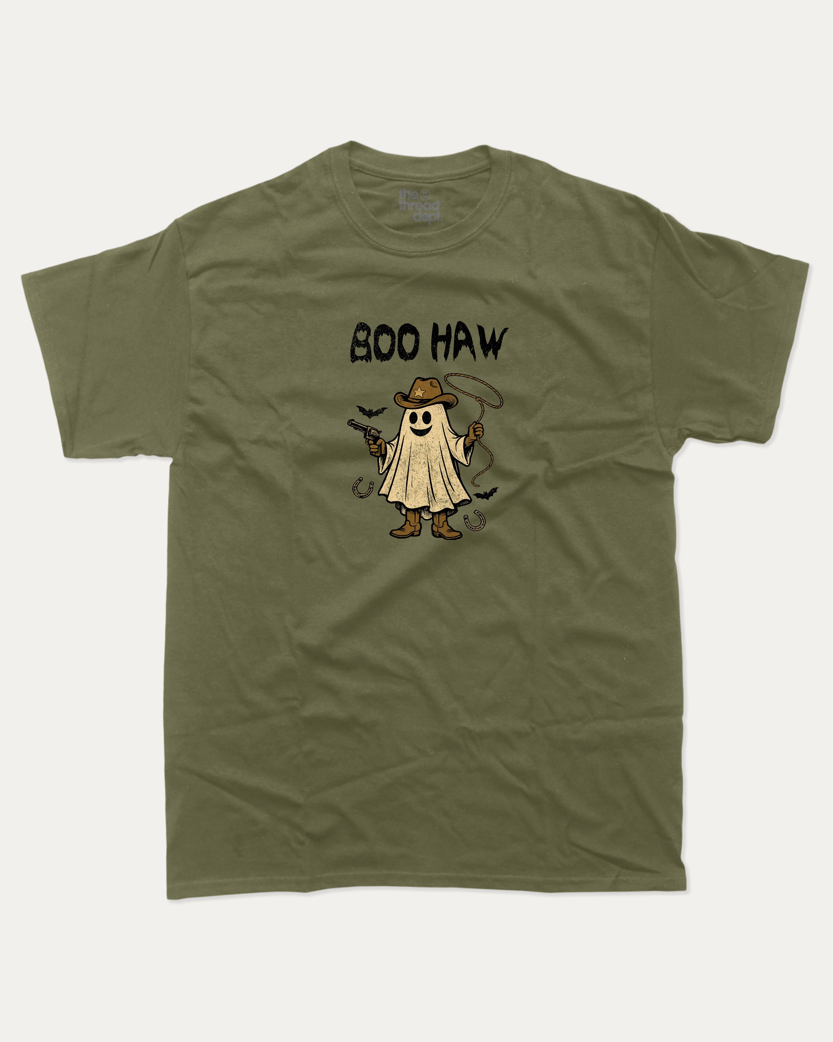 Boo Haw graphic tee with bold and humorous print, Halloween Graphic T shirt, Spooky T shirt, Perfect Gift for Halloween Day, funny and trendy graphic. Perfect for adults and gift-giving. Military Green shirt.