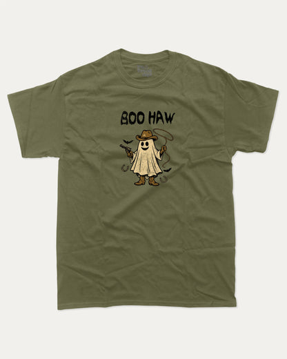 Boo Haw graphic tee with bold and humorous print, Halloween Graphic T shirt, Spooky T shirt, Perfect Gift for Halloween Day, funny and trendy graphic. Perfect for adults and gift-giving. Military Green shirt.