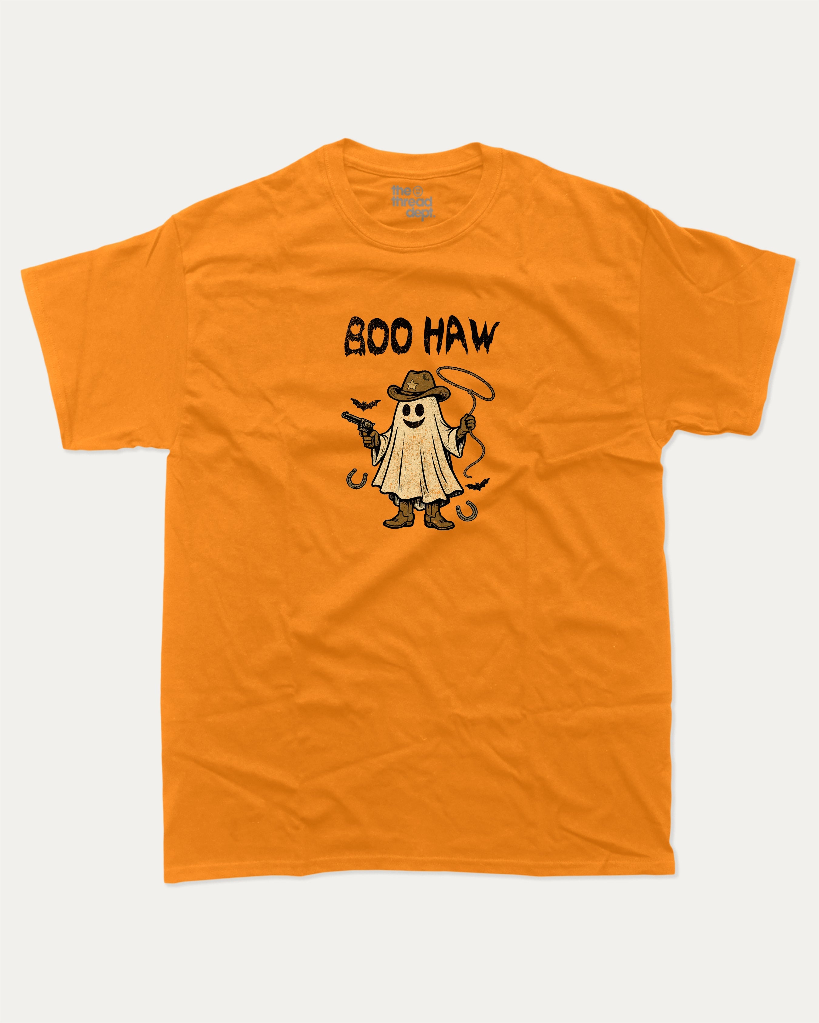 Boo Haw graphic tee with bold and humorous print, Halloween Graphic T shirt, Spooky T shirt, Perfect Gift for Halloween Day, funny and trendy graphic. Perfect for adults and gift-giving. Orange shirt.