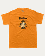 Boo Haw graphic tee with bold and humorous print, Halloween Graphic T shirt, Spooky T shirt, Perfect Gift for Halloween Day, funny and trendy graphic. Perfect for adults and gift-giving. Orange shirt.