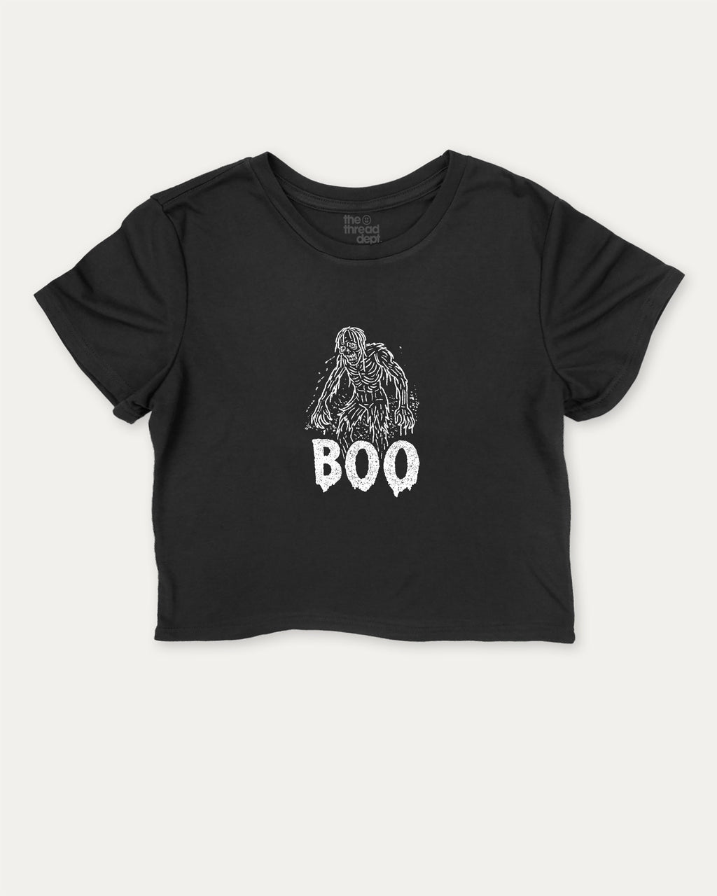 Boo Zombie graphic crop tee with funny and trendy slogan print, perfect for women’s casual looks or layering. Black crop t-shirt.