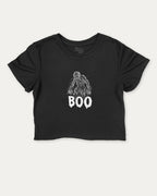 Boo Zombie graphic crop tee with funny and trendy slogan print, perfect for women’s casual looks or layering. Black crop t-shirt.