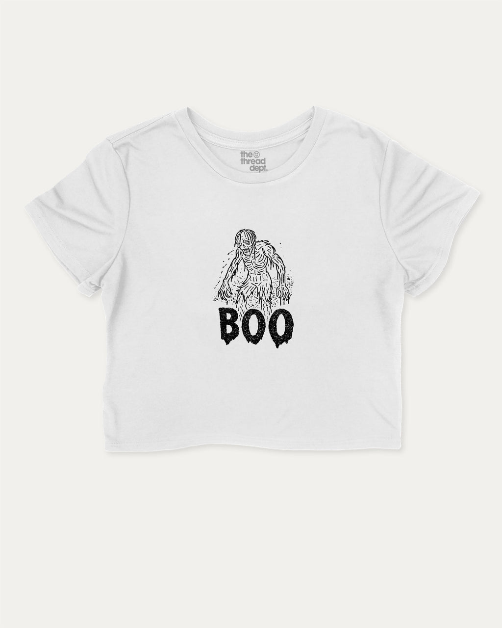 Boo Zombie graphic crop tee with funny and trendy slogan print, perfect for women’s casual looks or layering. White crop t-shirt.