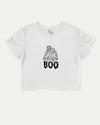 Boo Zombie graphic crop tee with funny and trendy slogan print, perfect for women’s casual looks or layering. White crop t-shirt.