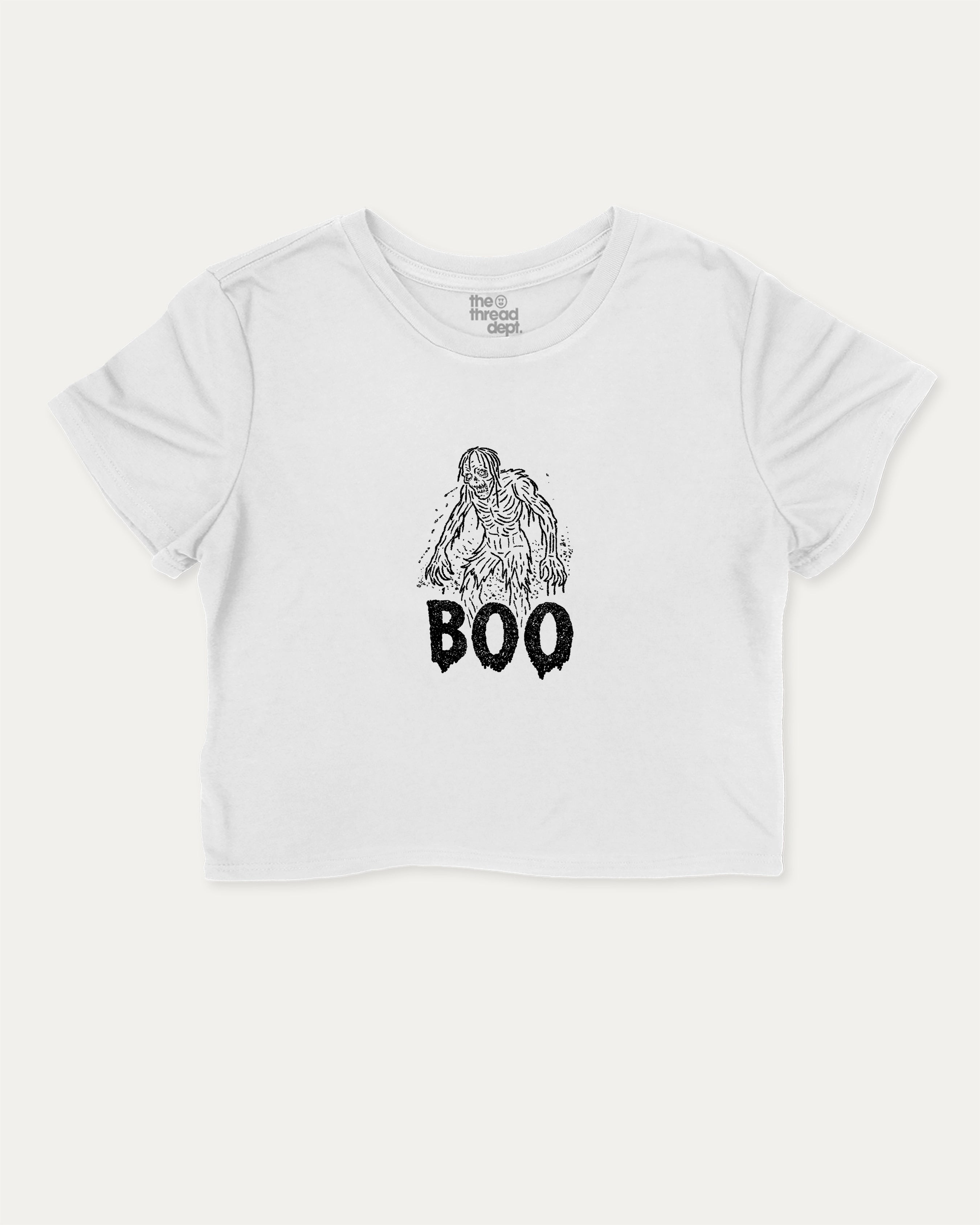 Boo Zombie graphic crop tee with funny and trendy slogan print, perfect for women’s casual looks or layering. White crop t-shirt.