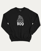 Boo Zombie graphic pullover with bold and humorous print, funny and vintage graphic for everyday wear. Perfect funny Halloween gifts for friends and family. Black pullover.