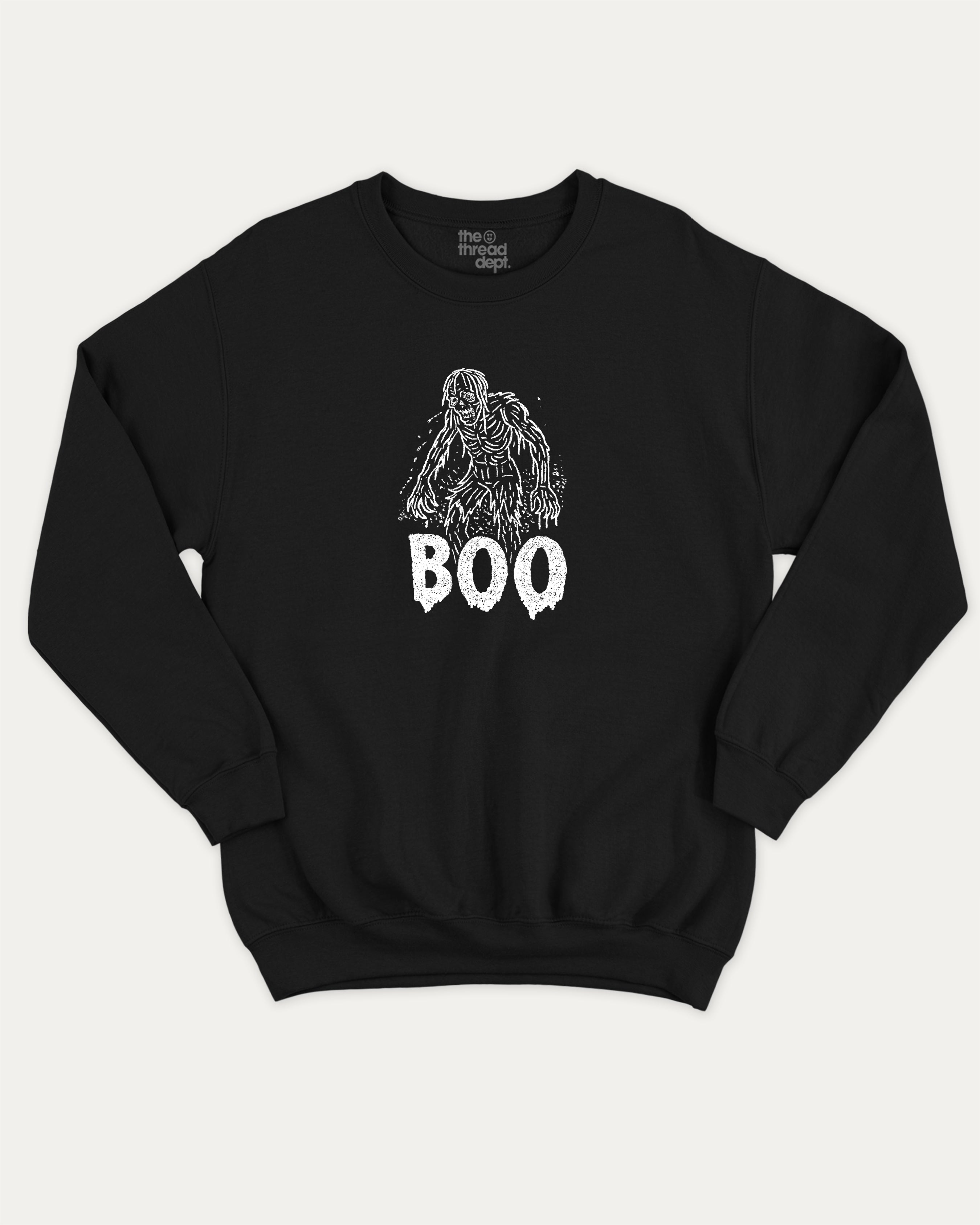 Boo Zombie graphic pullover with bold and humorous print, funny and vintage graphic for everyday wear. Perfect funny Halloween gifts for friends and family. Black pullover.