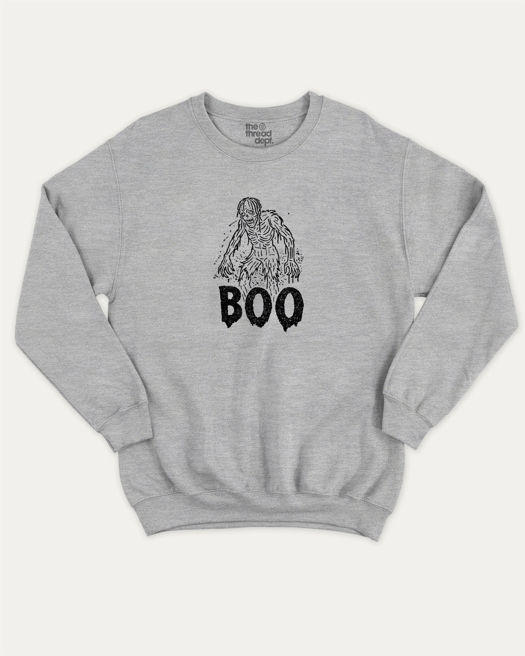 Boo Zombie graphic pullover with bold and humorous print, funny and vintage graphic for everyday wear. Perfect funny Halloween gifts for friends and family. Heather Grey pullover.