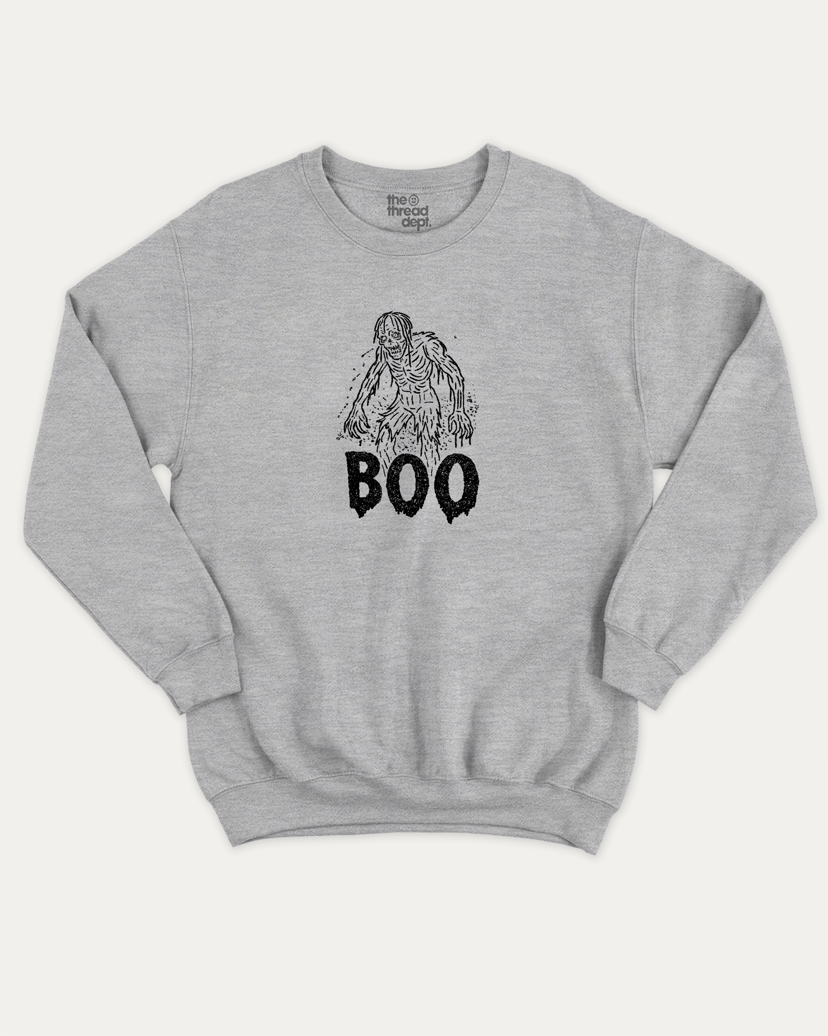 Boo Zombie graphic pullover with bold and humorous print, funny and vintage graphic for everyday wear. Perfect funny Halloween gifts for friends and family. Heather Grey pullover.