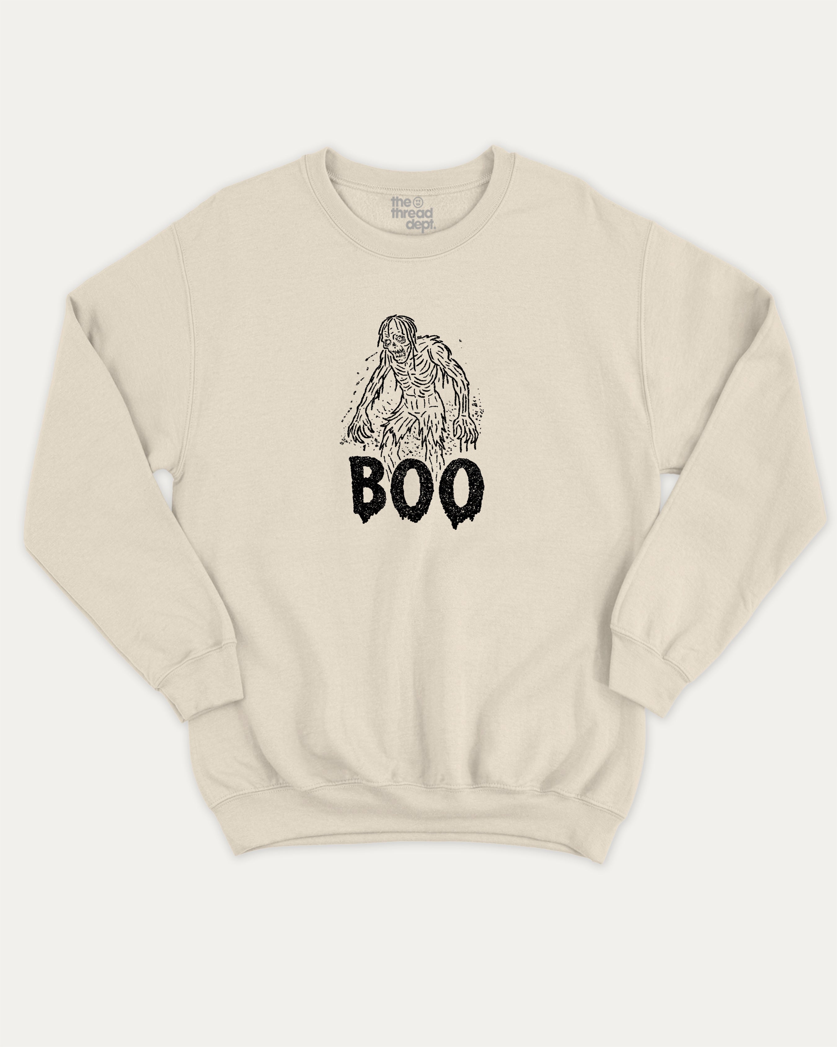 Boo Zombie graphic pullover with bold and humorous print, funny and vintage graphic for everyday wear. Perfect funny Halloween gifts for friends and family. Natural pullover.