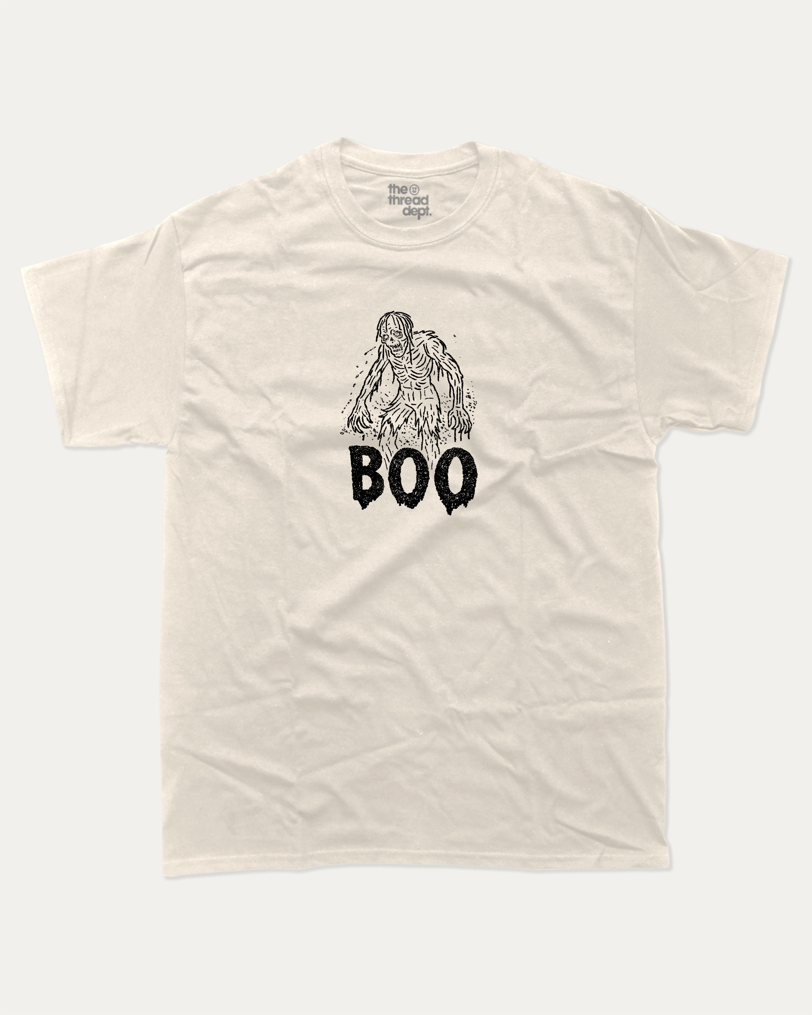 Boo Zombie graphic t-shirt with vintage zombie print, funny and trendy graphic. Perfect funny Halloween gifts for friends and family. Cream shirt.